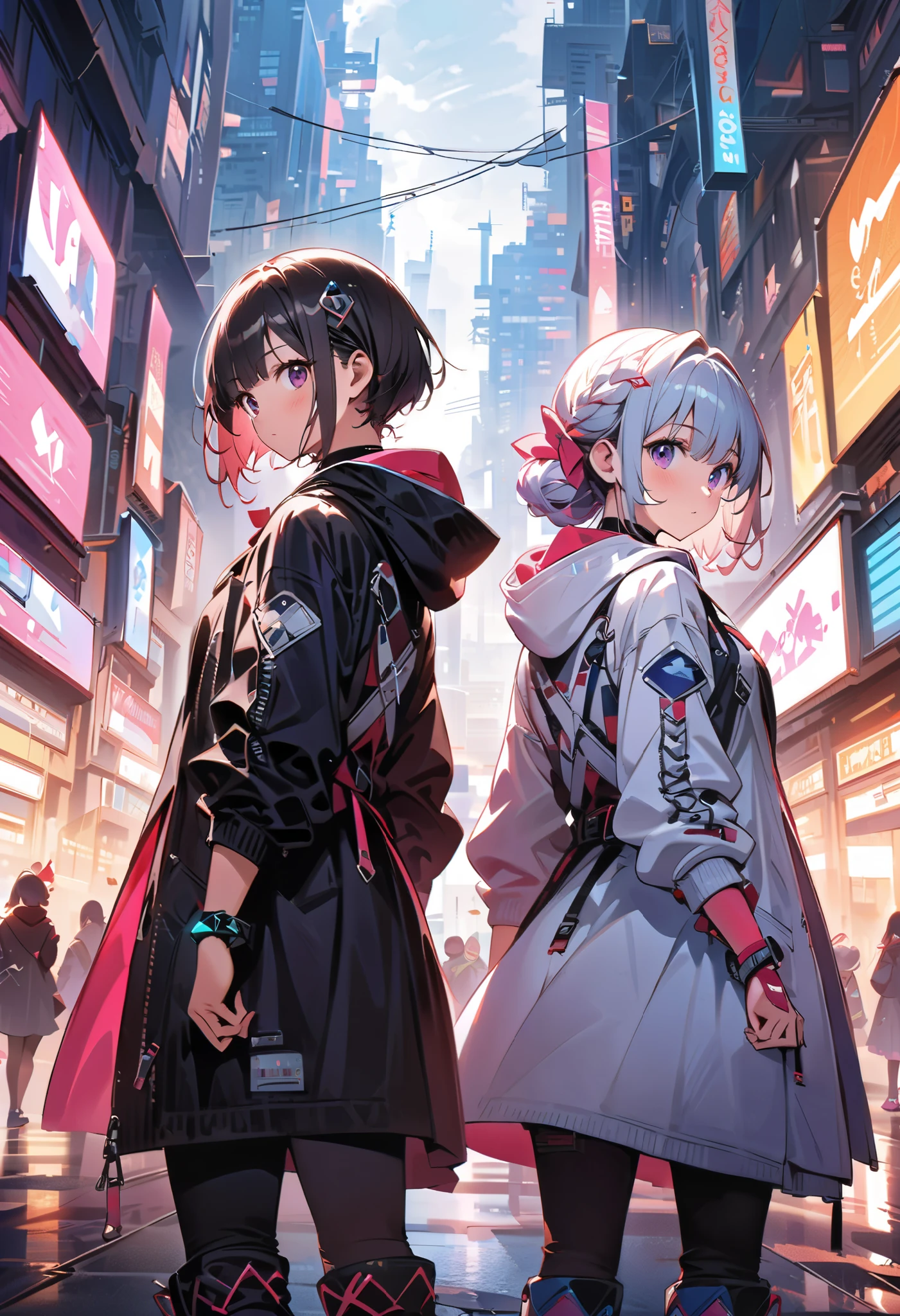  2 girls outside,((( top quality、masterpiece、 Official Art、 best dynamic composition standing back to back、 more details)))、The best dynamic composition of the anime Puella Magical Girl 、 cyberpunk、hooded cloak 、 idol clothes、 cyberpunk、 Long Boots 、 near future city、Stand back to back