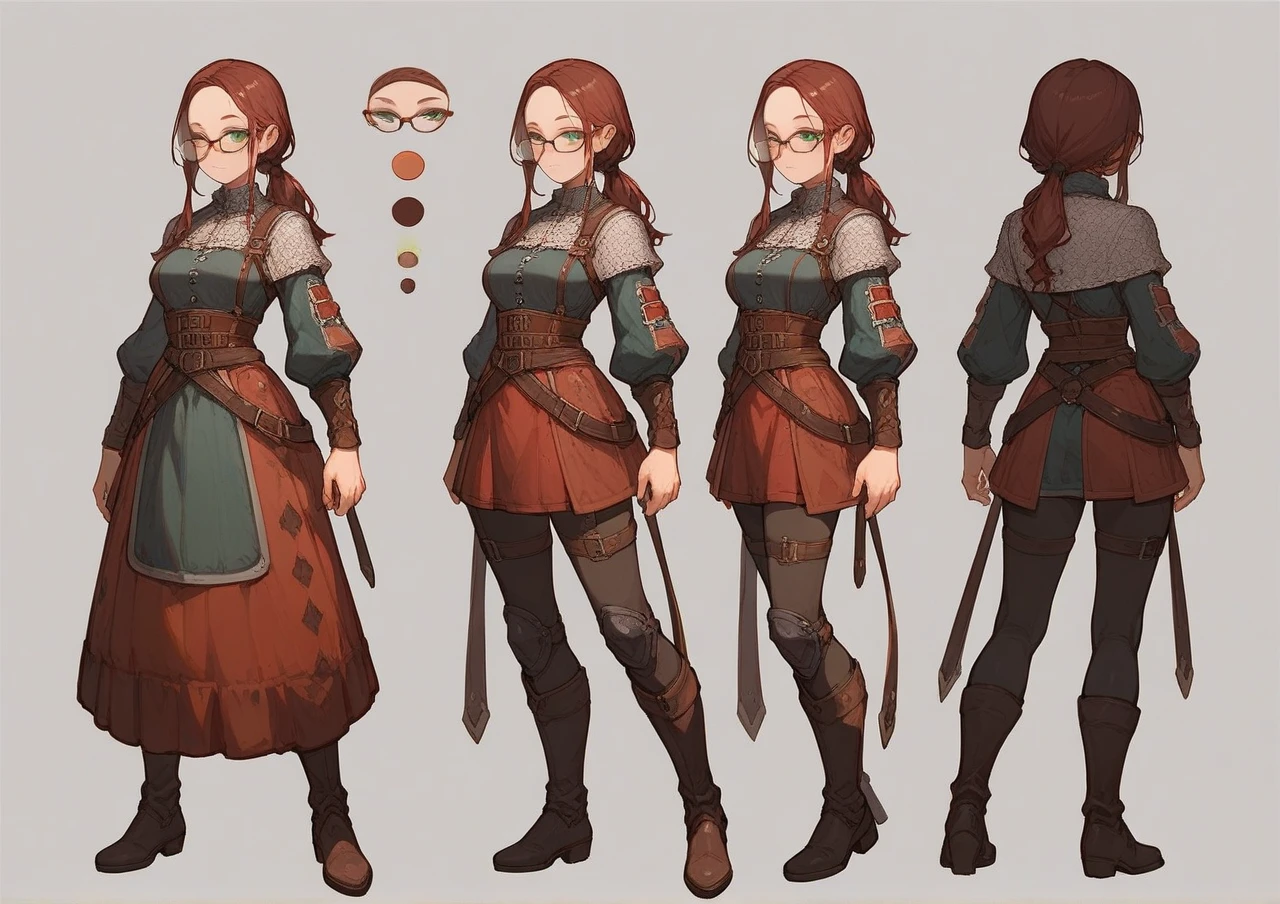 highres, masterpiece,
multi-view, turnaround, model sheet,  character design,
white background, simple background,
full body character turnaround of 1girl, Multiple views of the same character in the same outfit,
detailed costume design, embroidered corset, lace detailing, leather gloves, brown leather boots, high collar, patterned blouse, fantasy attire, trousers, detailed braided hairstyle, ornamental accessories, layered clothing, Victorian-era influence, ruffled cuffs and pants,
<lora:CharTurnRetag_v4:0.1>
<lora:Witcher3turn_v1:0.6>
<lora:Medieval2turn_v1:0.1>
<lora:bg3Turn_v1:0.1>