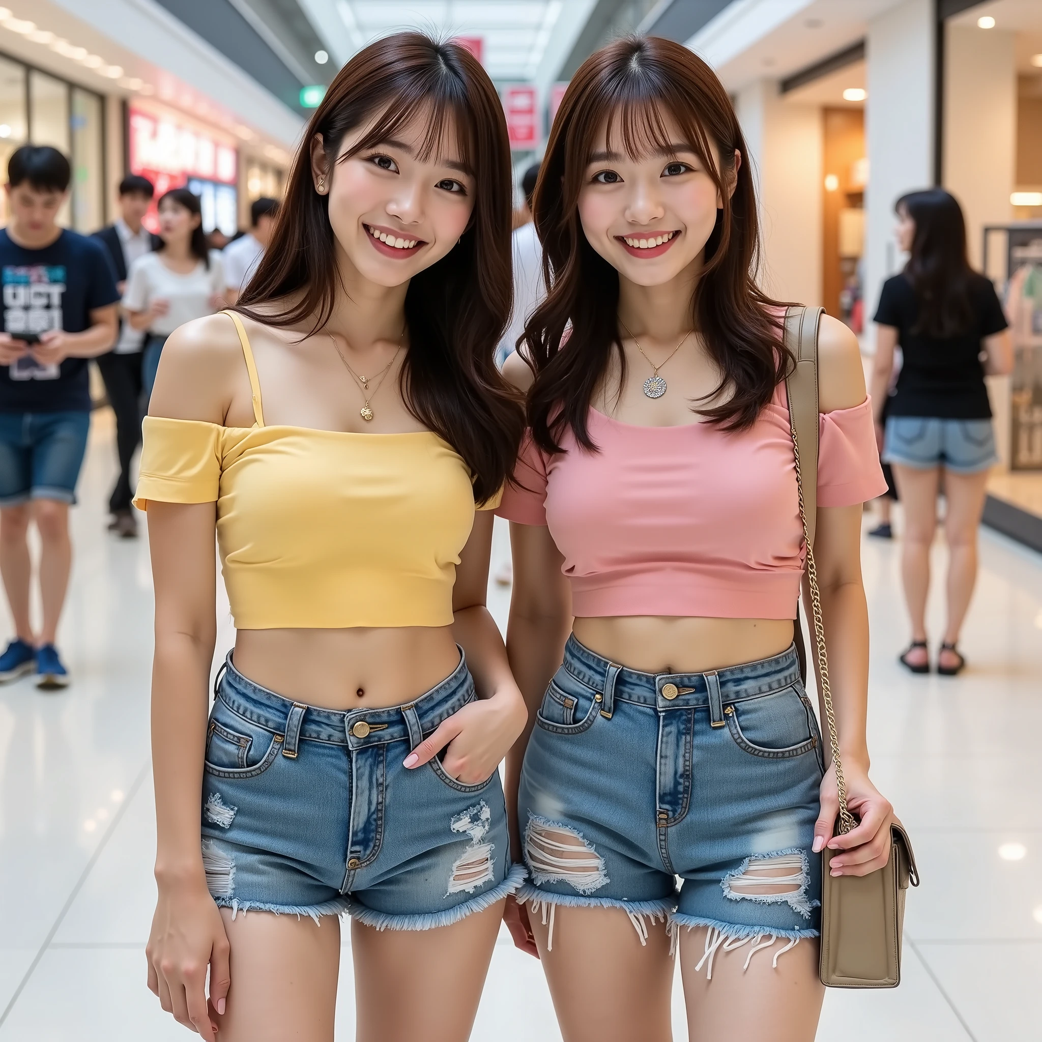 『 the mood of the face and hairstyle is different２ Japanese girls:1.9』『 real photos:1.3』 top quality:1.2、(( big breasts))、 showing off her teeth 、(( young woman))、(( has red cheeks))(( Smiling Showing Teeth :1.3))、((( waist anatomically correct、 perfect anatomy、 waist anatomically correct指)))、 realistic,  top quality,  ultra high definition,  RAW photos, (Curvy body)、
 Japanese Women、 Sexy Women、 they have off-the-shoulder shirts in different colors､  denim miniskirt 、 espadrilles 、They are having fun at the shopping mall 