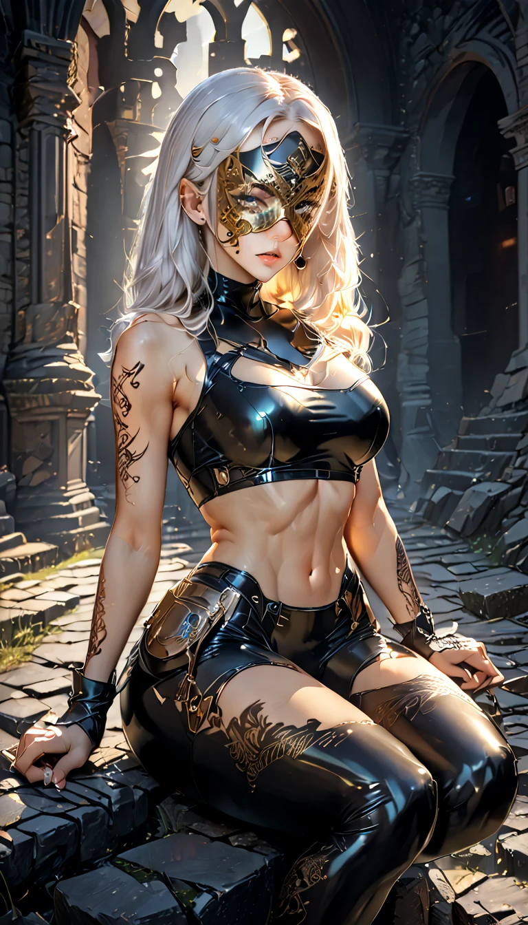 cool beauty, iridescent white long thick eyelashes, iridescent white twintails with bare forehead, sexy beauty expression, lewd great body proportion, huge breasts, abs, wearing (shiny copper plated) smooth crop and tight fit combat uniform, covered in tattoos, blind mask, mouth mask, sitting on the ruined rocks of a ruined castle, professional and perfect composition, extremely delicate depiction, extremely clear image, various effects, bold and dynamic, contrasts of light and shadow, 2.5D, artistic photography, hyper realistic, ultra detailed, absolutely resolution, masterpiece