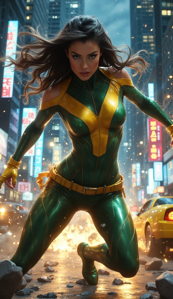She-Hulk, marvel multiverse, avengers endgame, green skin, classic sexy suit, traje de super Hero, piel color verde, beautiful, YOUNG, sexy, skinny body, Strong body, musculosa, small and beautiful breasts, nalgas pequeñas y beautifuls, toned abdomen, small waist, Hero, powerful, fighting in New York City, very tall buildings, avengers tower building, alien invasion, Explosions, destruction, burning buildings, realist, Excellent quality, 4k, great definition, imagen realist com gran profundidad, Maximum details, 