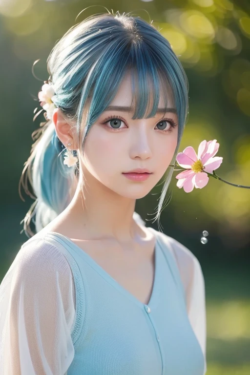 {{masterpiece}}, {{highest quality}}, {{Super detailed}}, cinematic lighting,beautiful delicate shine, dynamic angle, Depth of bounds written, light_leak, wonderful, fine details, 4k, 8K, japanese idol, blue hair, blue underwear, Elegant model, sky, floral field, green meadow, serene look, curl hair, slender body, sexy, photo album, cat eyes,