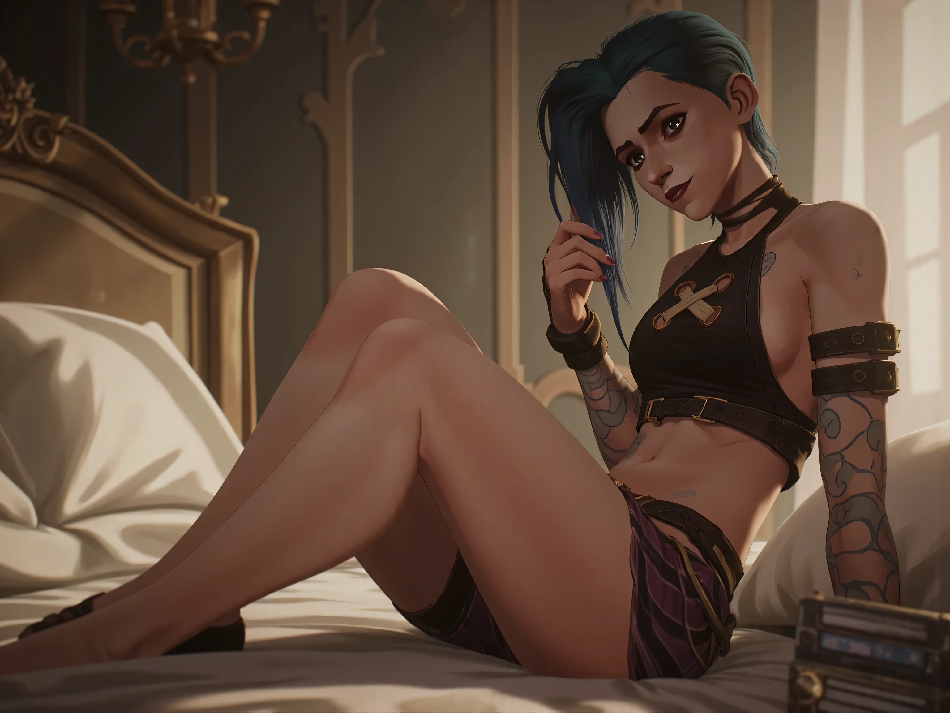 jinx style arcane ,pose sexy nu ,sans pantalon ,écart les jambes, mini short, touche sa chatte, allongé sur le dos dans un lit,