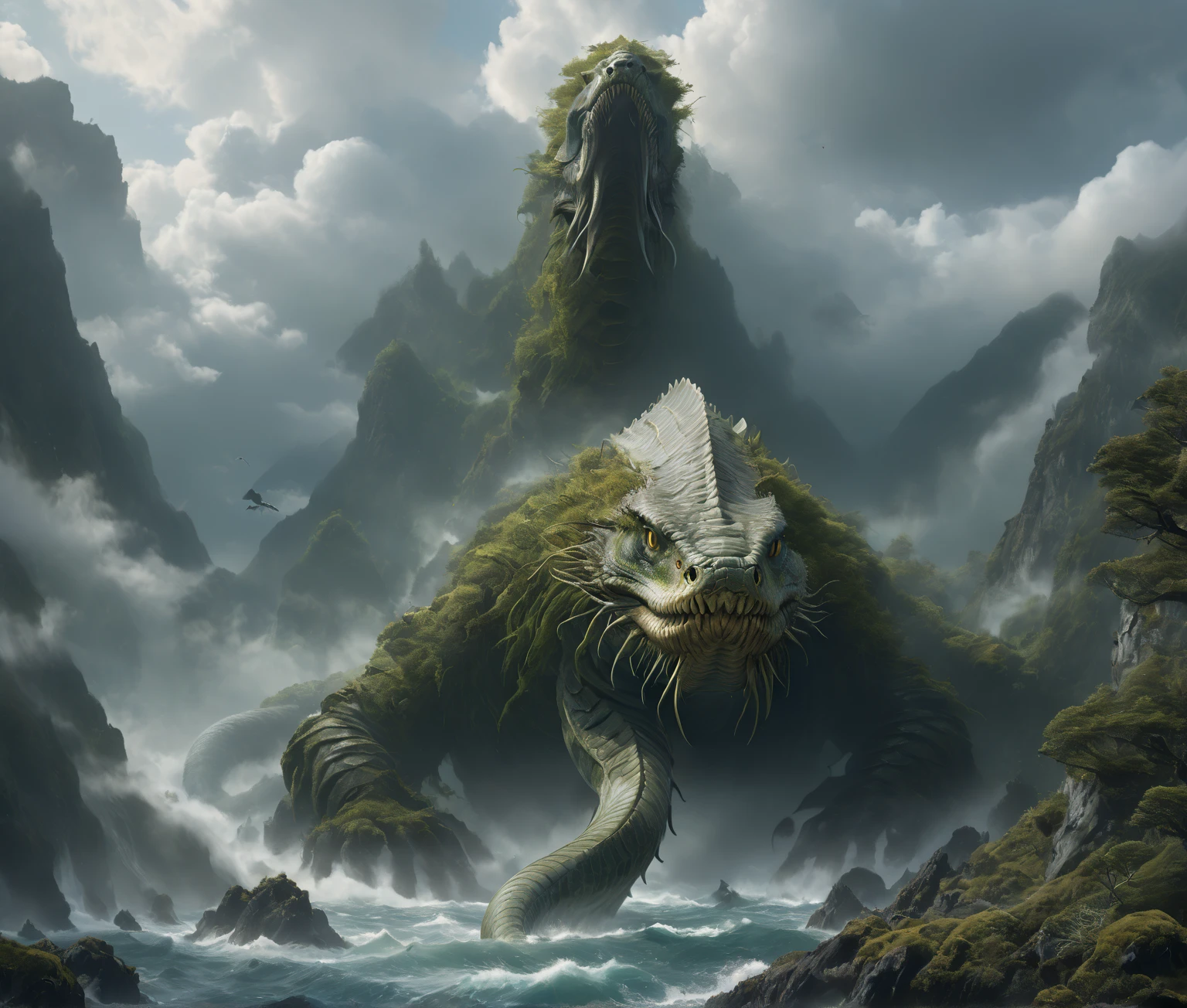  ( A huge cedar on a green mountain top  ), (( aerial view of a whirlpool in the water  )), (several huge creatures one after another, higher and higher), (right behind the mountains , a huge creature with an elongated snout with 4 fins on its head and the body of a huge leviathan sea serpent rises above the mountains in the background:1.5) ,  ( Leviathan is a sea serpent with fins on its head in the water :1.3), ( in the center high ledges on both sides of the sea  ,  mountain rift from below which you can see a huge toothy mouth covered with moss and trees :1.6) , (behind them, in the center, is a huge snake-like creature with an elongated muzzle and many eyes covered with trees and moss, flowing into the clouds above the mountains:1.5),   view from above and from afar  , ( on the left, a sailboat or a beautiful galleon swims through the crevice between the black rocks :1.4),   in the distance high black mountains with snowy peaks   ,  goes into the clouds    ,   scaly moss grows on top    , lots of air      , cliff, the waves of the sea are raging    , Night, storm,   the wind tears the sails ,        the sky before the thunderstorm      ,       light through the clouds       .       reflections in water      .       The Abyss of the Dark Sea     , (  of the highest quality  ,   masterpiece fails ), , 4K, concept art, fantasy, blue tones,      very detailed oil painting     .      aerial view from afar    , cool blue tones .


