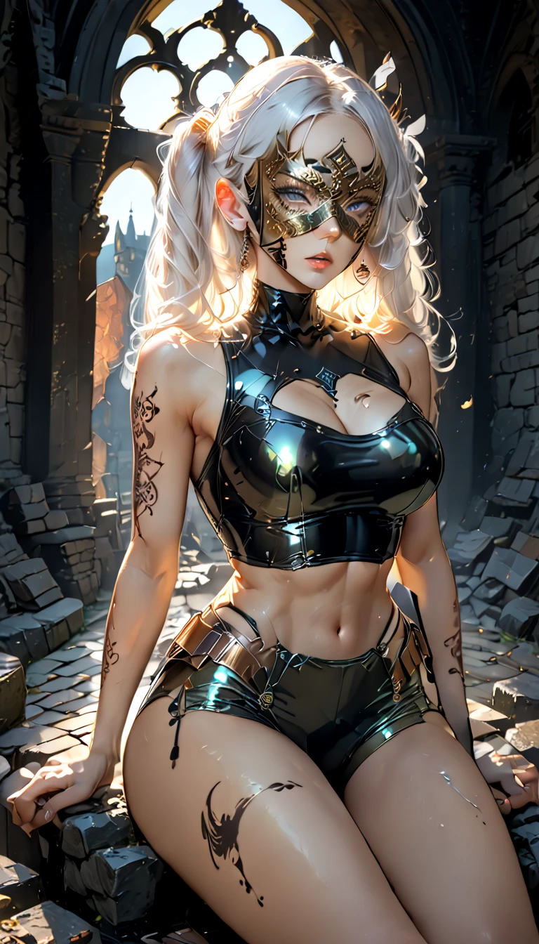 cool beauty, iridescent white long thick eyelashes, iridescent white twintails with bare forehead, sexy beauty expression, lewd great body proportion, huge breasts, abs, wearing (shiny copper plated) smooth crop and tight fit combat uniform, covered in tattoos, blind mask, mouth mask, sitting on the ruined rocks of a ruined castle, professional and perfect composition, extremely delicate depiction, extremely clear image, various effects, bold and dynamic, contrasts of light and shadow, ultra detailed, absolutely resolution, masterpiece