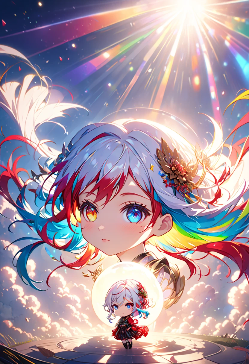 {{Masterpiece}},  top quality,  extremely detailed CG、 unity 8k wallpaper ,  cinematic lighting,  lens flare,  beautiful detail eyes , black,  Sideways glance,   multi colored hair,  colorful  light, particle, Heterochromia, ( colorful :1.5), ( colorful  hair:1.5), ( chibi:1.3), 