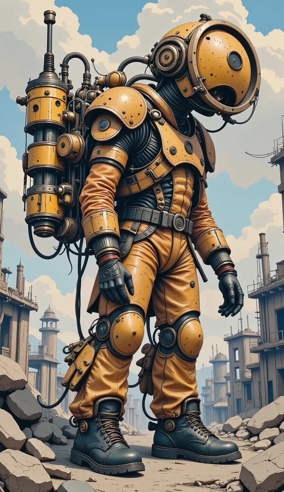 a steampunk image with rich and vibrant colors, a shooting machine is repairing in desolate place with rubble destroyed buildings, shooting machine