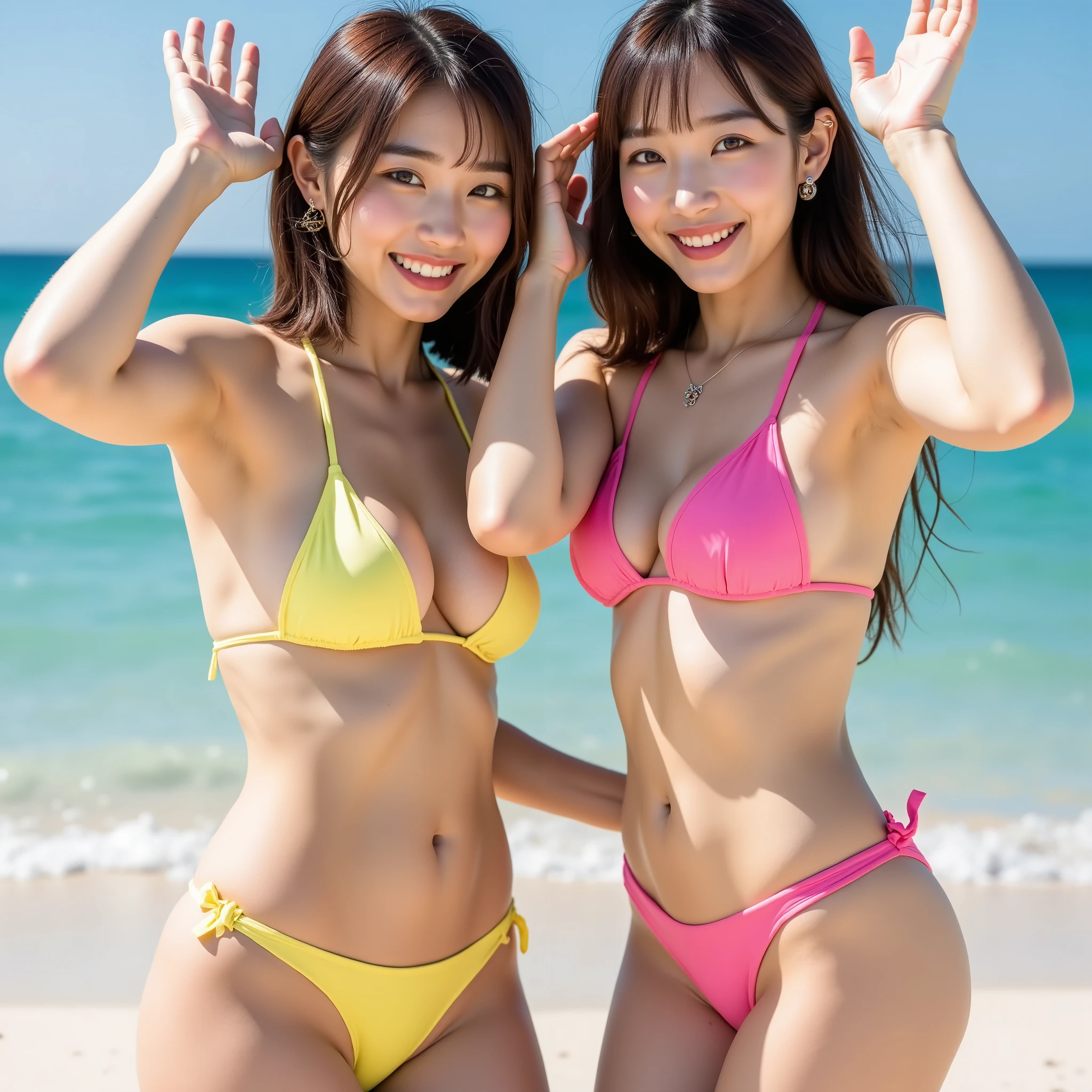 『 has a different mood on the face and hairstyle2人の日本 girls with light makeup:1.9』『 real photos:1.3』 top quality:1.2、(( big breasts))、 showing off her teeth 、(( young woman))、(( has red cheeks))(( Smiling Showing Teeth :1.3))、((( waist anatomically correct、 perfect anatomy、 waist anatomically correct指)))、 realistic, top quality, ultra high definition, RAW photos, (Curvy body)、((Masterpiece)), (8k, expensive_ all red ), ( clear _ images), ( top quality), (sunlight, Face reflecting in light ), (Face reflecting in light :1.1), ( style for stilets), beautiful sandy beaches, 一By people, beautiful eyes and a beautiful face , ((2 girls with light makeup, 2By people)), middle of chest, Wide Hips , ( abs:0.8), ((Fluorescent bikini swimsuit )), , (, happy , happy smile, Laughter), Raising both hands and smiling