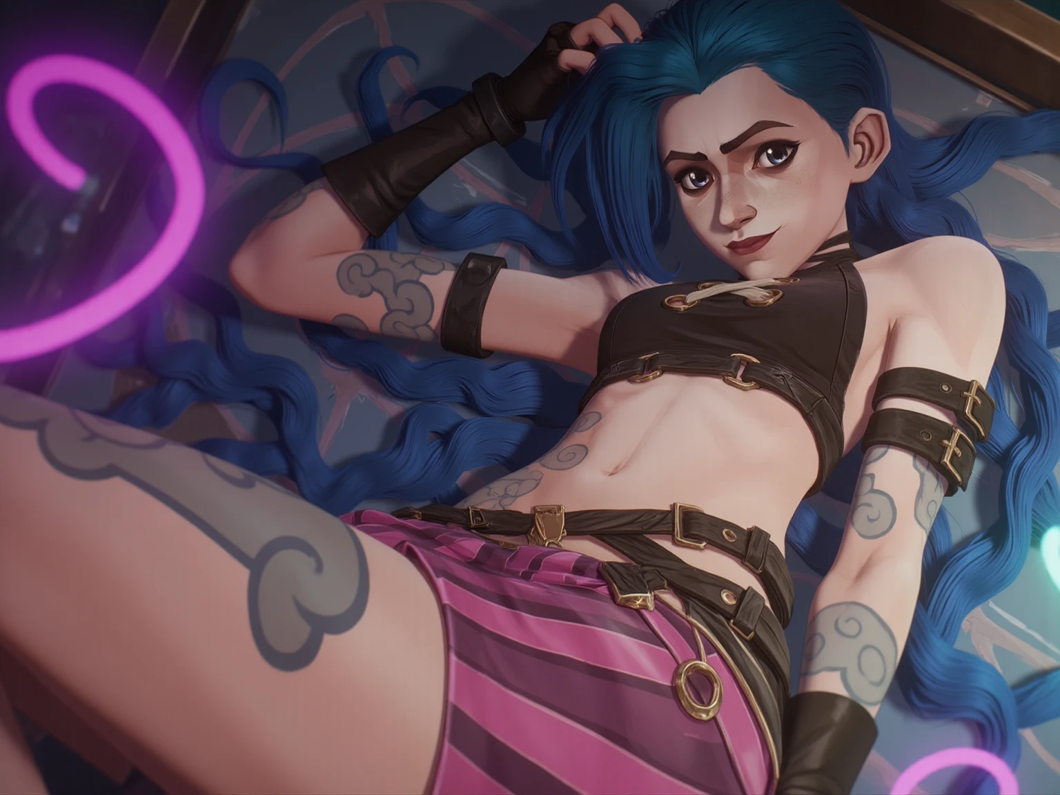 Jinx,  full body, topless bikini., multicolor background, pose sexy,  smiling, defined eyes, defined body,  8k extremely detailed 