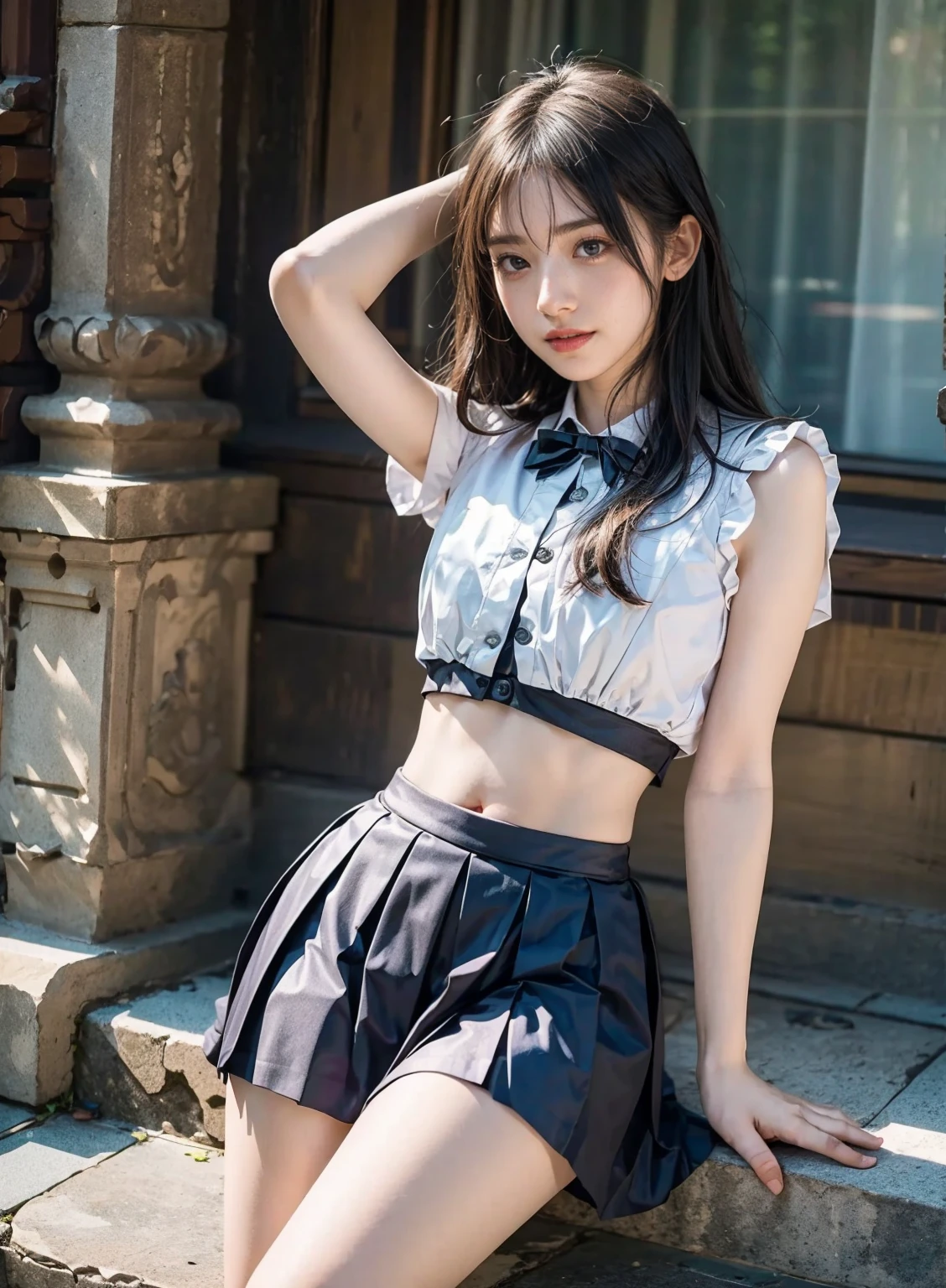 1 girl, ta, (litt), permanent, (spread crotch:1.3), pupil, alone, from the front, Put your arms behind your back, , skirt, bowtie, sports shoes, sock, ((masterpiece)), ((extremely detailed face)), best quality, surreal, high resolution, intricate details, (Beautiful and detailed eyes and lips), (The best shades extremely sophisticated and beautiful), beautiful fair skin, Invite half-open lips, (low ponytail), black hair, Bangs, 10 years old, (2), flat chest, (thin legs:1.2), classroom, good ray, whole body,(Lift the skirt to the navel:1.5),((((Wear less))),(midsummer:1.5),(from below:1.5),(low field of view:1.5),(((Wet clothing))),tube top,(((ultra-thin clothing))),(Body model),((body outline)),
