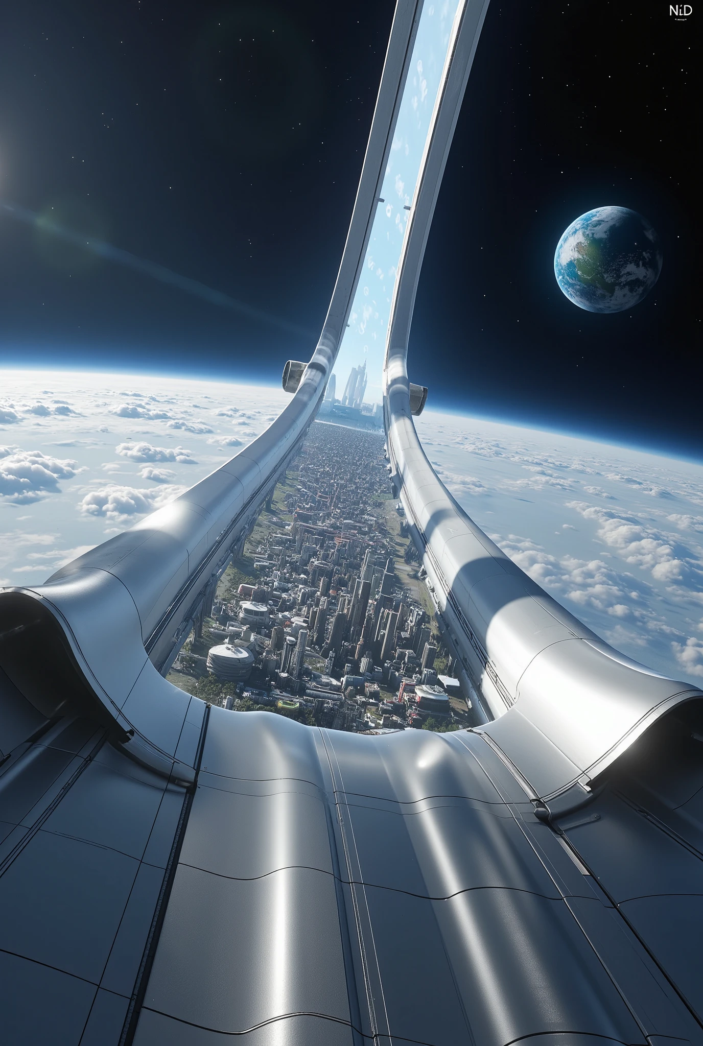 realistic image of inside a long metal river channel that curves upwards on the background horizon with a futuristic city inside and is in outer space orbiting planet Earth ,  as realistic as possible