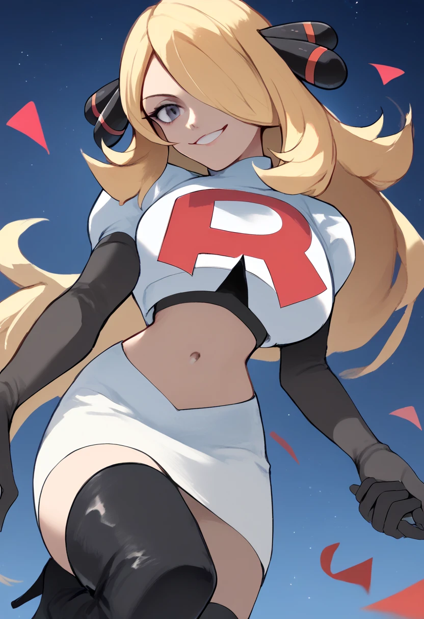 Team rocket, team rocket uniform, red letter R, white skirt,white crop top,black thigh-high boots, black elbow gloves, evil smile, night sky background, large breasts, high-heeled boots, Cynthia, blonde hair, hair over one eye