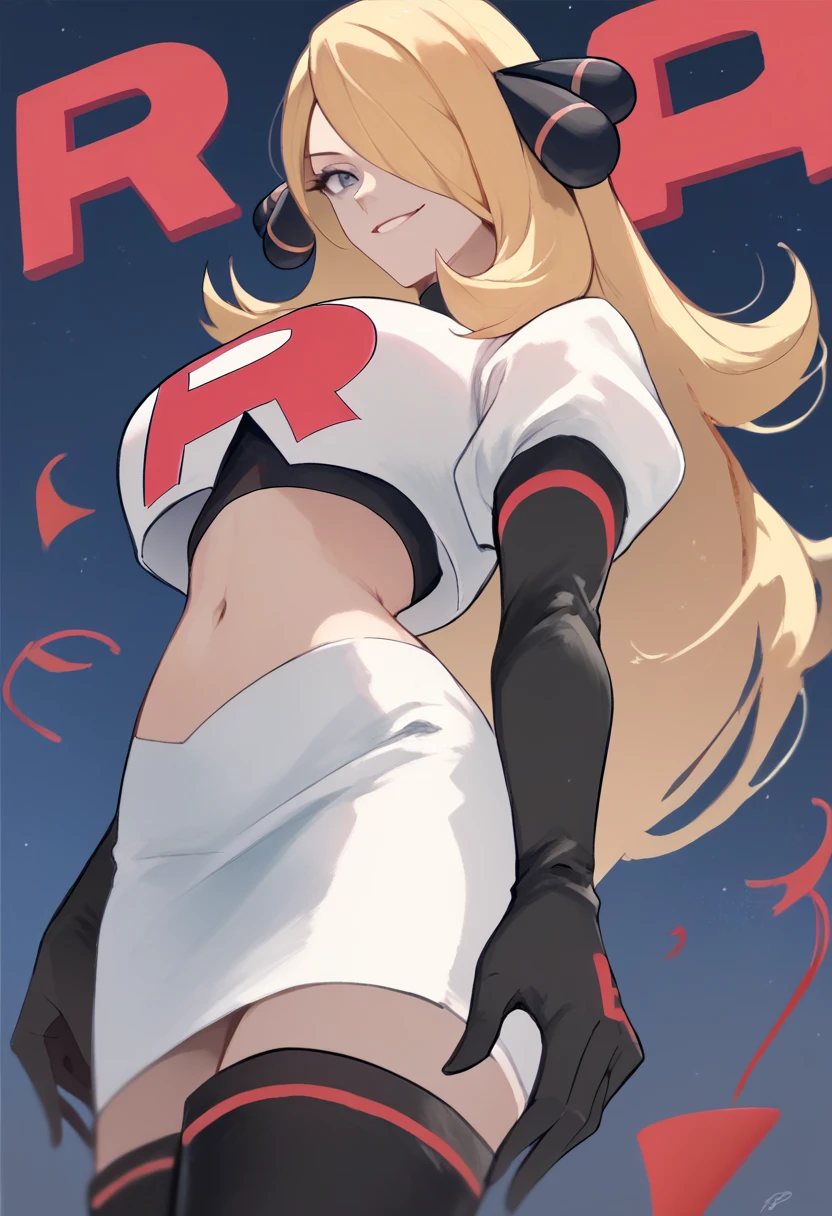 Team rocket, team rocket uniform, red letter R, white skirt,white crop top,black thigh-high boots, black elbow gloves, evil smile, night sky background, large breasts, high-heeled boots, Cynthia, blonde hair, hair over one eye