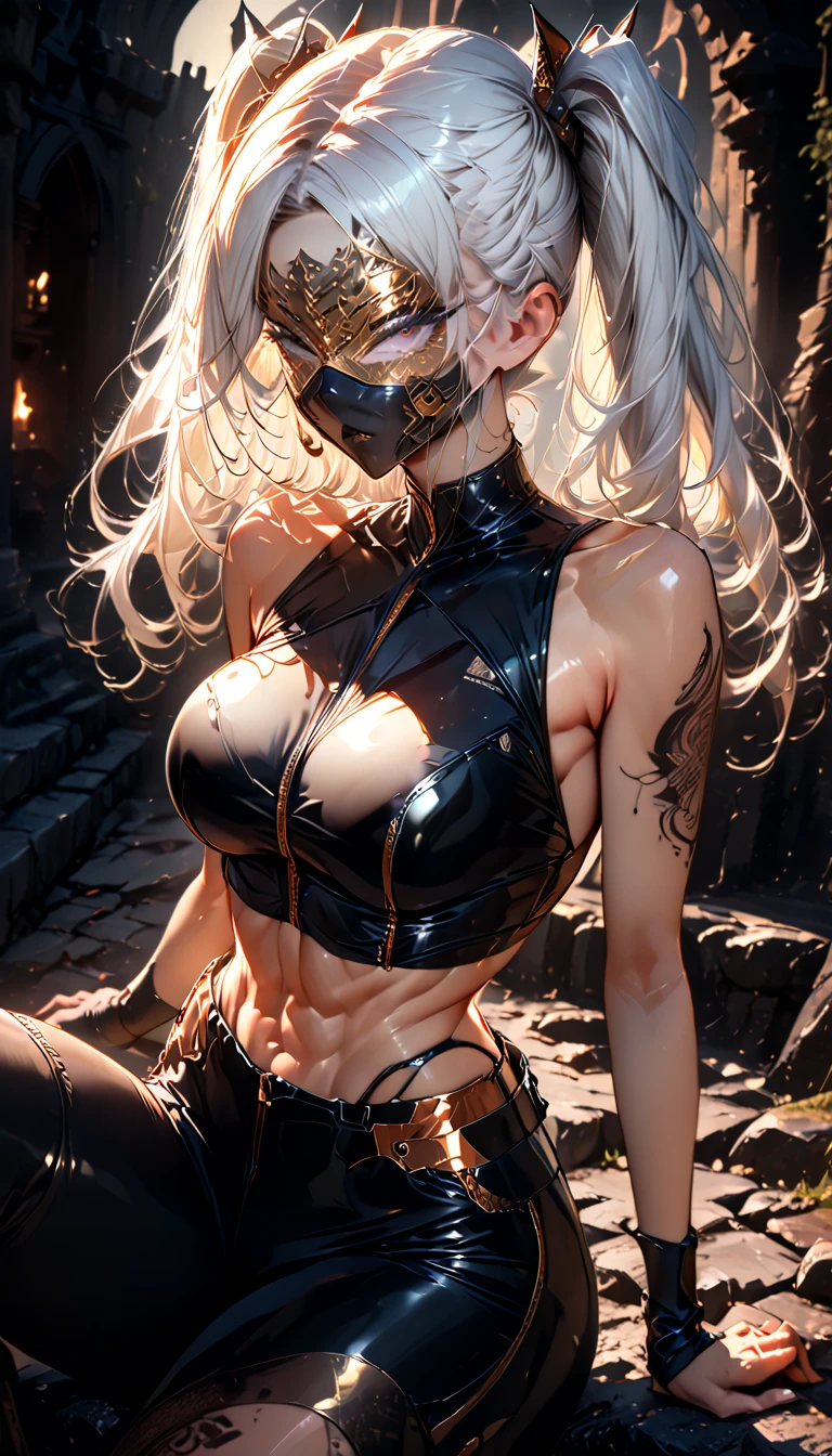 
cool beauty, iridescent white long thick eyelashes, iridescent white twintails with bare forehead, sexy beauty expression, lewd great body proportion, huge breasts, abs, wearing (shiny copper plated) smooth crop and tight fit combat uniform, covered in tattoos, blind mask, mouth mask, sitting on the ruined rocks of a ruined castle, professional and perfect composition, extremely delicate depiction, extremely clear image, various effects, bold and dynamic, contrasts of light and shadow, ultra detailed, absolutely resolution, masterpiece