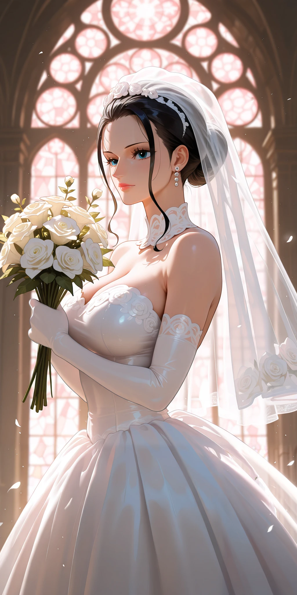 masterpiece, top quality, Super details, 8K, Detail lights, Detailed shadows, raw, (delicate skin), (real: 1.2),, 1 girl, white hair, White sexy transparent wedding dress，Eye close-up，church，flat chest，Smile