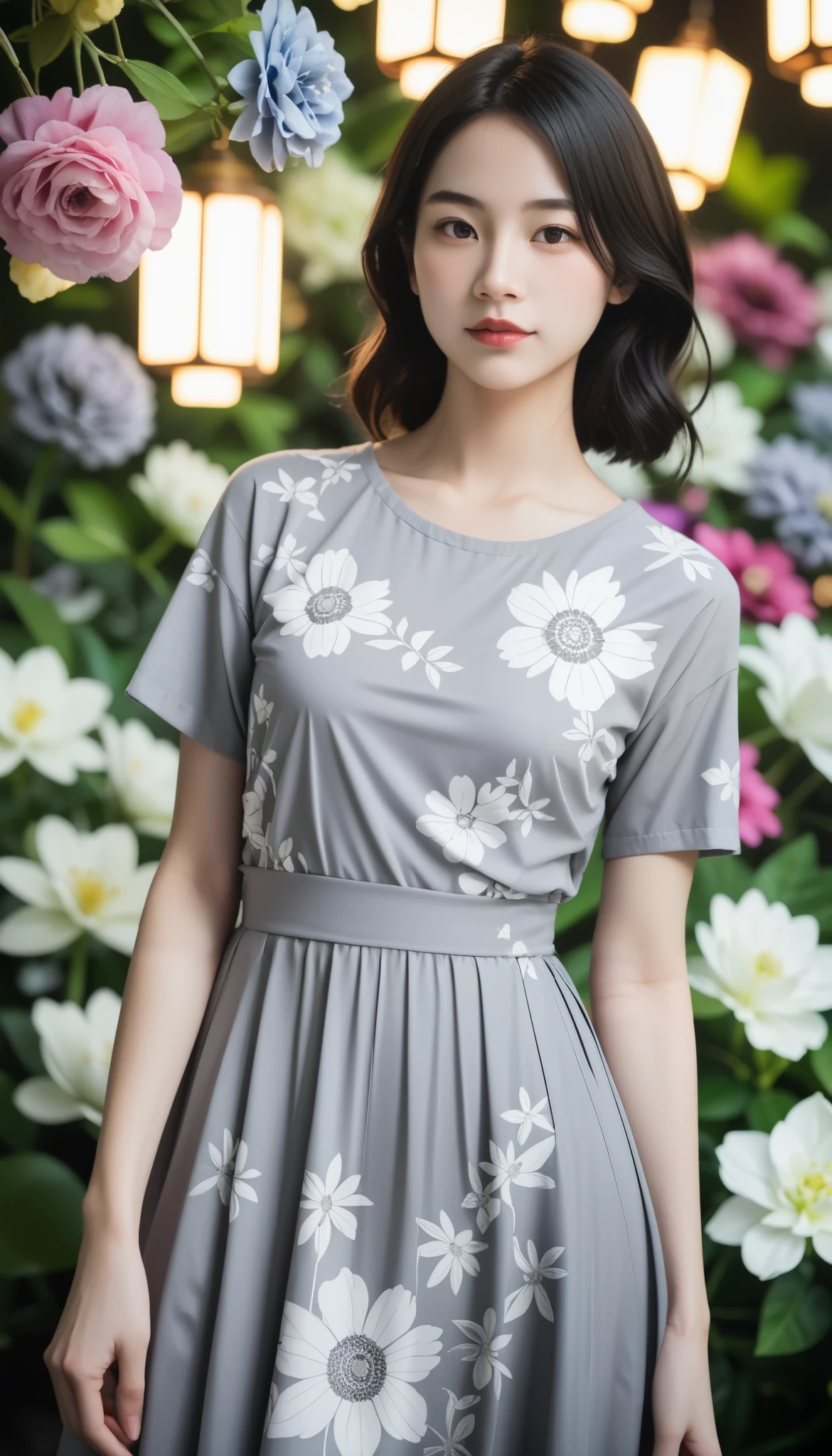 (((Gray floral background:1.3)))、  top quality , Masterpiece,    high definition in Buruma  , (((  one girl ))), ,(((The eyes are gray:1.3)))、  gray dress  、((  gray shirt :1.3、Grey Block Dress  )),  tyndall effect ,   realistic , Shadow Studio  ,  Ultramarine Lighting,   Dual tone lighting, (  High Detail Skin  : 1.2)、Bright Colored Lights  、 dim lighting、   DSLR , photograph,    high definition in Buruma  , 4K, 8k,   blurry background ,  Beautiful Fade Out 、Grey Flower World 