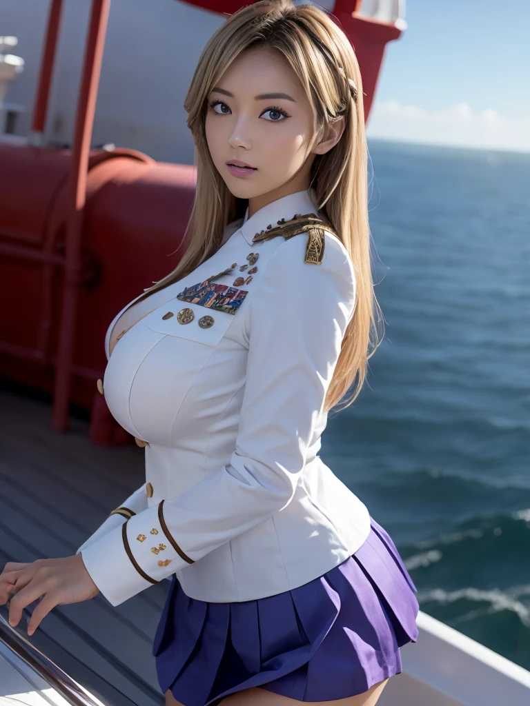 Highly detailed CG Unity 16K wallpaper,  masterpiece、 best quality、With the highest quality, super detailed, Master Piece, Realistic, photograph realistic, extremely detailed cute girl, 35years old, (((( blonde long hair ))))、 hair swaying in the wind 、((((low angle)))) , (( sexy poses ))、 ((Japan Maritime Self-Defense Force purple uniform、 Knee-length skirt )) ,  blush , Round eyes, Chubby, looking viewer, cowboy shot , ((( looking at the ocean from the roof of a ship,Standing on the roof of a ship))),   the sun shines outdoors 、The wind blows outdoors 、 watching the ocean from the outside 、Irido clouds can be seen in the blue sky 、 sunlight illuminates the clouds、Sunlight shines on a woman、 (( Japan Maritime Self-Defense Force  purple uniform、 Knee-length skirt )) ,  ( Lace Underwear with Realistic Details ) 、(( Top Quality White Lace Panties )),   、((Masterpiece White Lace Panties )), cleavage、G cup big breasts、 ((Japan Maritime Self-Defense Force purple uniform、 Knee-length skirt ))、 purpleuniform、Big Breasts、G cup big boobs、Close the uniform button、((Japan Maritime Self-Defense Force  purple  uniform、 Knee-length skirt ))、 purple uniform、 Big Breasts、G cup big breasts、((Japan Maritime Self-Defense Force purple uniform、 Knee-length skirt ))、 purple  uniform、Big Breasts、G cup big boobs、Fully button the shirt 、Fully close the jacket button 、Fully zip the jacket、、Fully button the shirt 、Fully close the jacket button 、Fully zip the jacket、 I'm wearing a knee-length skirt、((((low angle))))