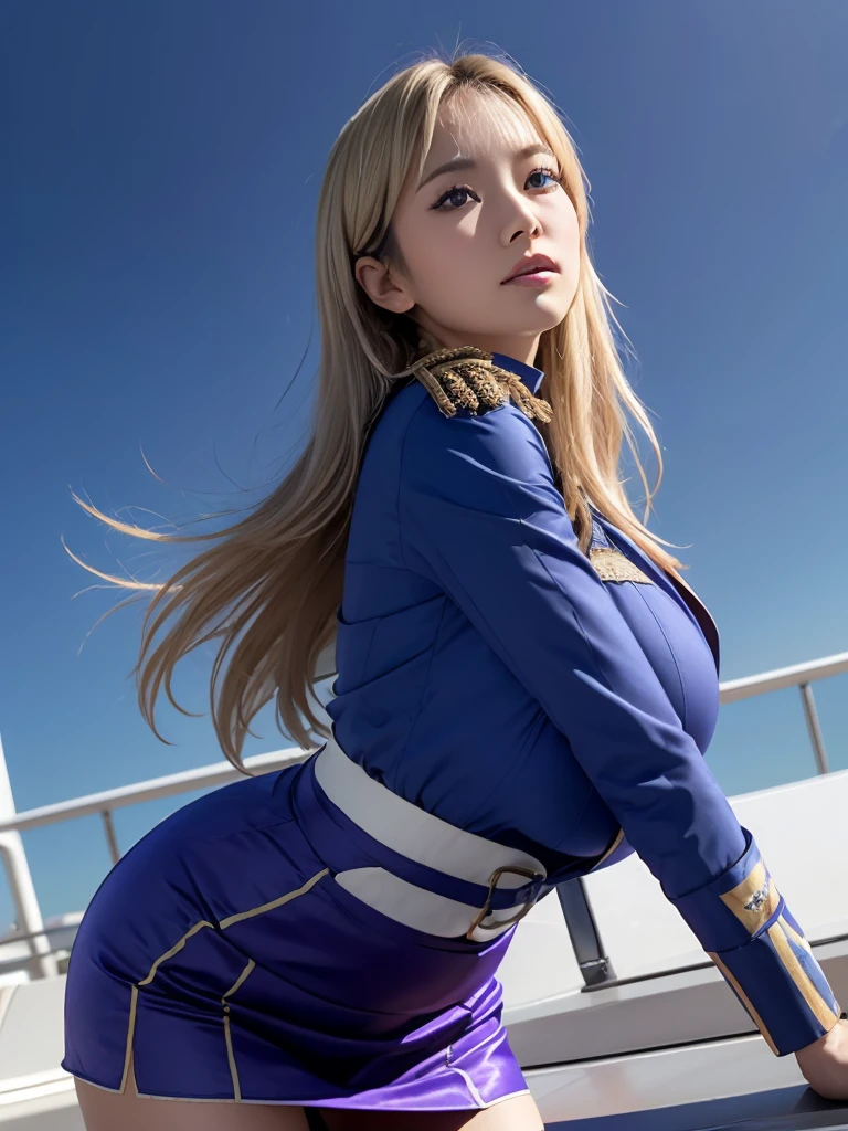 Highly detailed CG Unity 16K wallpaper,  masterpiece、 best quality、With the highest quality, super detailed, Master Piece, Realistic, photograph realistic, extremely detailed cute girl, 35years old, (((( blonde long hair ))))、 hair swaying in the wind 、((((low angle)))) , (( sexy poses ))、 ((Japan Maritime Self-Defense Force purple uniform、 Knee-length skirt )) ,  blush , Round eyes, Chubby, looking viewer, cowboy shot , ((( looking at the ocean from the roof of a ship,Standing on the roof of a ship))),   the sun shines outdoors 、The wind blows outdoors 、 watching the ocean from the outside 、Irido clouds can be seen in the blue sky 、 sunlight illuminates the clouds、Sunlight shines on a woman、 (( Japan Maritime Self-Defense Force  purple uniform、 Knee-length skirt )) ,  ( Lace Underwear with Realistic Details ) 、(( Top Quality White Lace Panties )),   、((Masterpiece White Lace Panties )), cleavage、G cup big breasts、 ((Japan Maritime Self-Defense Force purple uniform、 Knee-length skirt ))、 purpleuniform、Big Breasts、G cup big boobs、Close the uniform button、((Japan Maritime Self-Defense Force  purple  uniform、 Knee-length skirt ))、 purple uniform、 Big Breasts、G cup big breasts、((Japan Maritime Self-Defense Force purple uniform、 Knee-length skirt ))、 purple  uniform、Big Breasts、G cup big boobs、Fully button the shirt 、Fully close the jacket button 、Fully zip the jacket、、Fully button the shirt 、Fully close the jacket button 、Fully zip the jacket、 I'm wearing a knee-length skirt、((((low angle))))