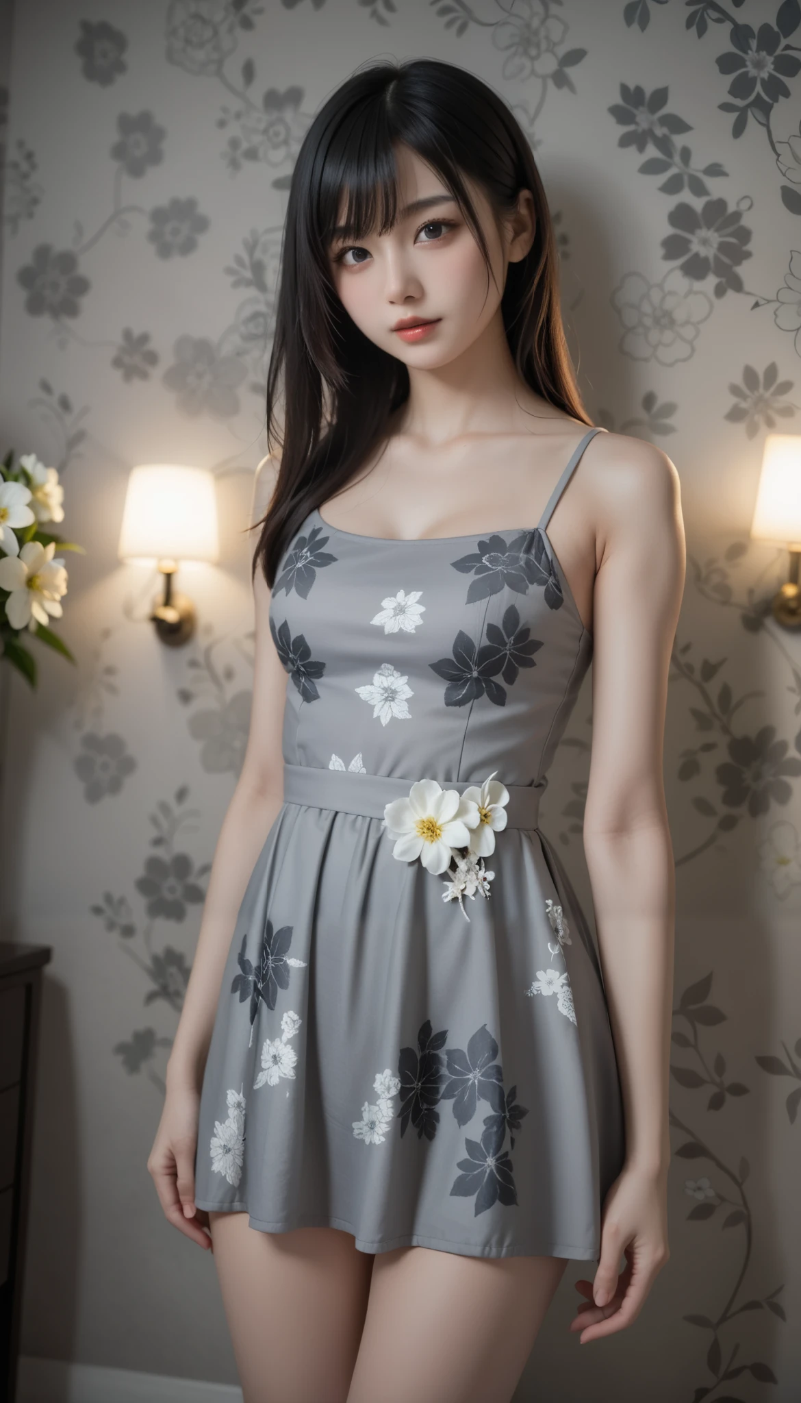 (((Gray floral background:1.3)))、  top quality , Masterpiece,    high definition in Buruma  , (((  one girl ))), ,(((The eyes are gray:1.3)))、  gray dress  、((  gray shirt :1.3、Grey Block Dress  )),  tyndall effect ,   realistic , Shadow Studio  ,  Ultramarine Lighting,   Dual tone lighting, (  High Detail Skin  : 1.2)、Bright Colored Lights  、 dim lighting、   DSLR , photograph,    high definition in Buruma  , 4K, 8k,   blurry background ,  Beautiful Fade Out 、Grey Flower World 