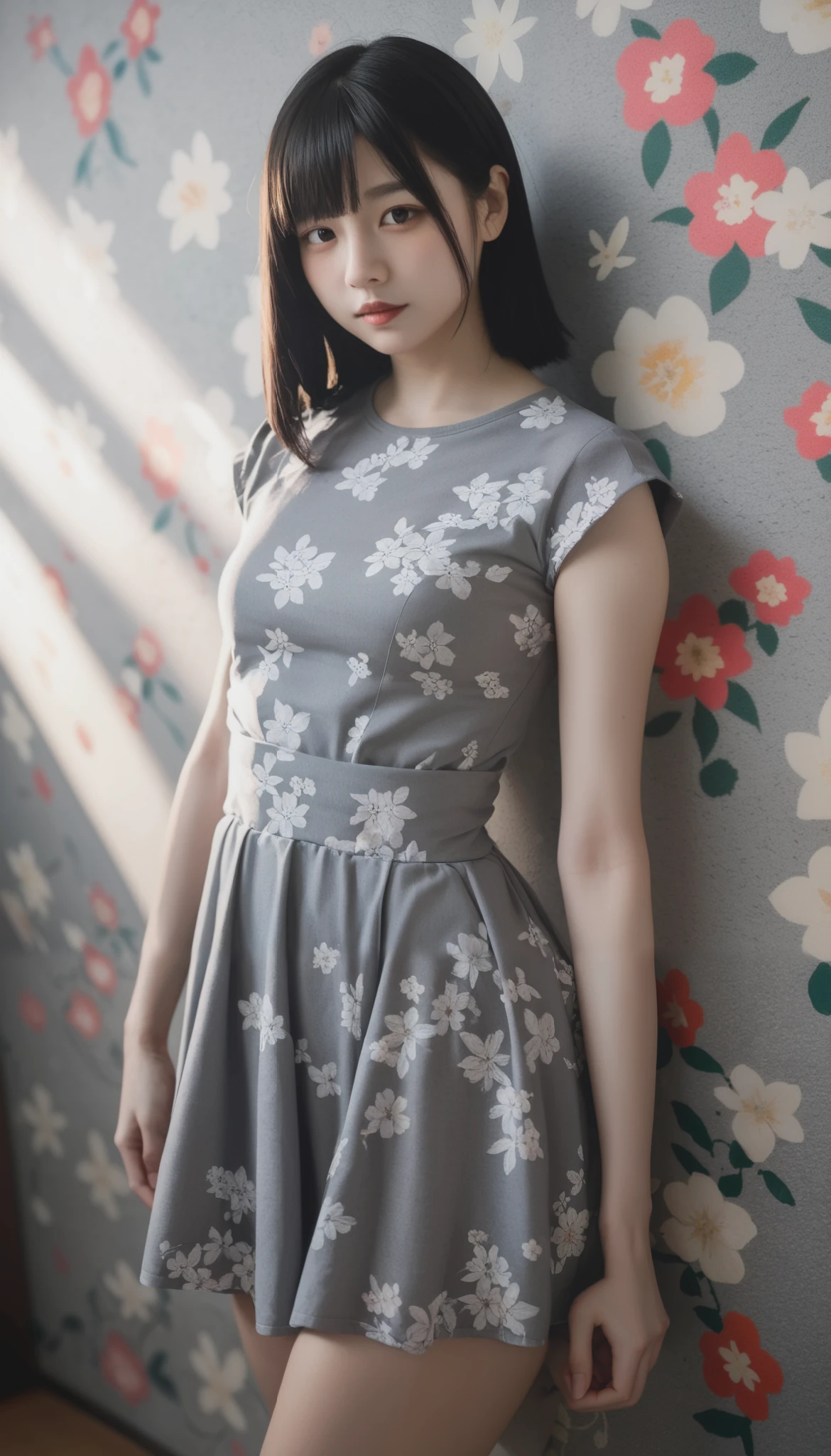 (((Gray floral background:1.3)))、  top quality , Masterpiece,    high definition in Buruma  , (((  one girl ))), ,(((The eyes are gray:1.3)))、  gray dress  、((  gray shirt :1.3、Grey Block Dress  )),  tyndall effect ,   realistic , Shadow Studio  ,  Ultramarine Lighting,   Dual tone lighting, (  High Detail Skin  : 1.2)、Bright Colored Lights  、 dim lighting、   DSLR , photograph,    high definition in Buruma  , 4K, 8k,   blurry background ,  Beautiful Fade Out 、Grey Flower World 