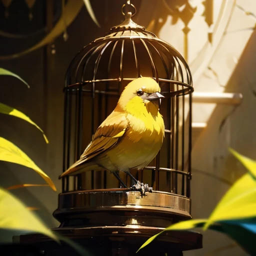 A small bird in a birdcage, golden bird cage , Canary,  beautiful, (Fluorescent Yellow), anime,  fantasy, Shine