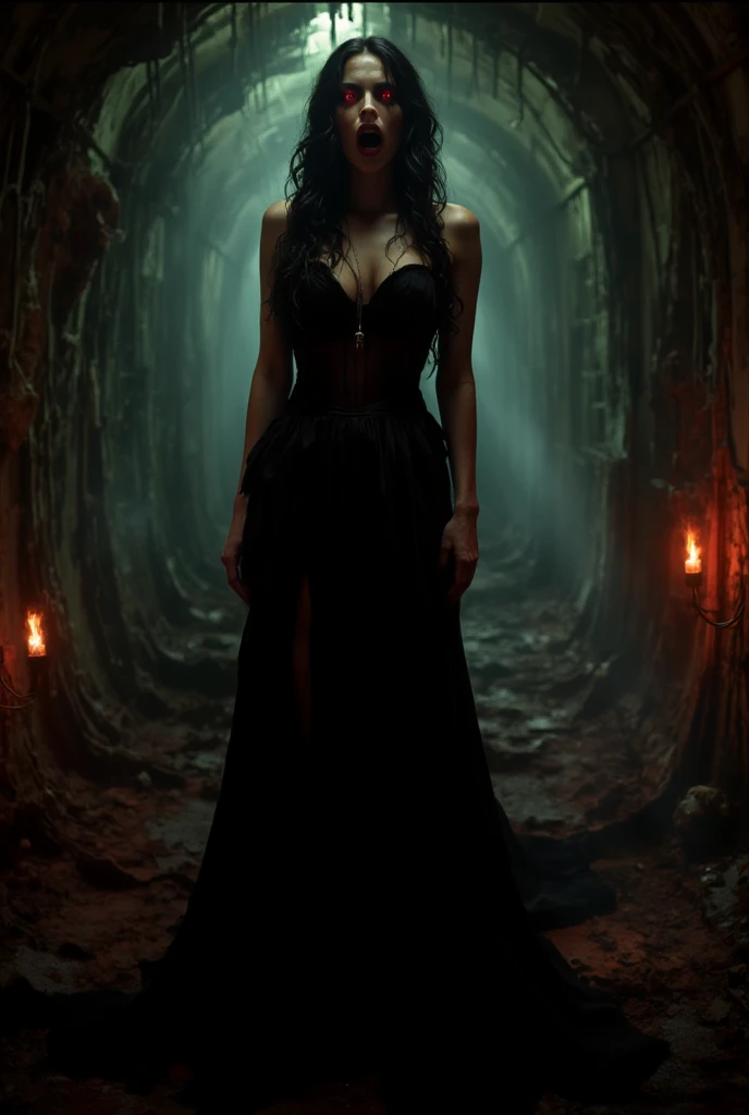 a very beautiful vampire woman, she opens her mouth to show her vampire teeth, in a long black dress, black choker, hips and legs are bare, blood red eyes, big thighs, big lips, thick lips, wide hips, big breasts, cleavage, big buttocks, curvy woman, vampire tooth, pose, she points at the viewer ((full body)), the inside of a giant crypt, illuminated by torches, (Best Cinematography: 1. 2), (Extremely detailed image:1), (Masterpiece:1.2), (Best quality), (Super detailed), (Ultra high resolution), (Best illustrations), 8k, wallpaper , extremely detailed facial features, beautiful detailed eyes, beautiful detailed lips, long eyelashes,