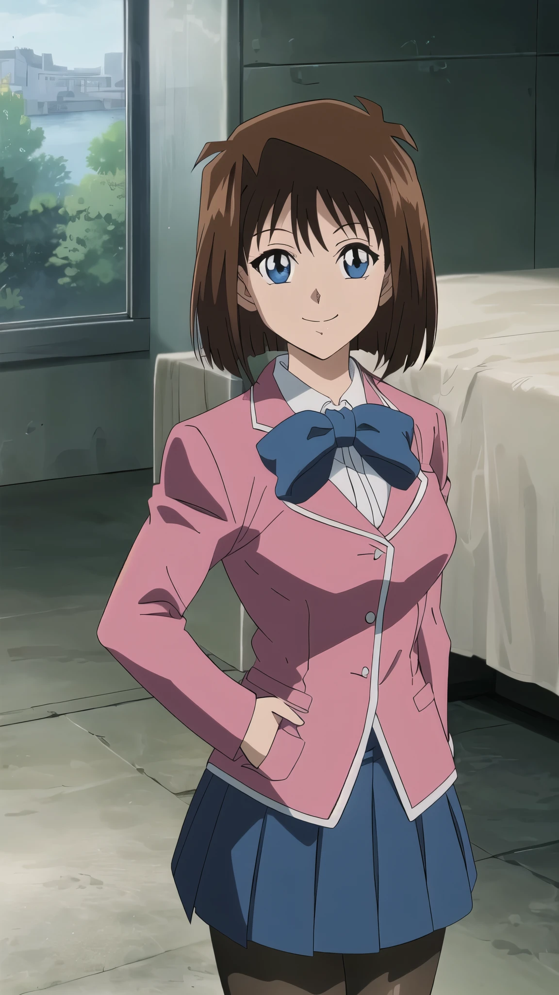 TG, girl, solo, upper body, portrait, looking at viewer, smile, pink blazer, bowtie, blue miniskirt, semiopaque pantyhose, perfect quality, good quality, masterpiece, HDR, UHD