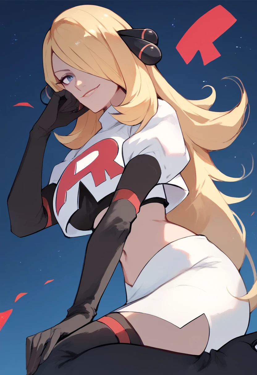 Team rocket, team rocket uniform, red letter R, white skirt,white crop top,black thigh-high boots, black elbow gloves, evil smile, night sky background, large breasts, high-heeled boots, Cynthia, blonde hair, hair over one eye