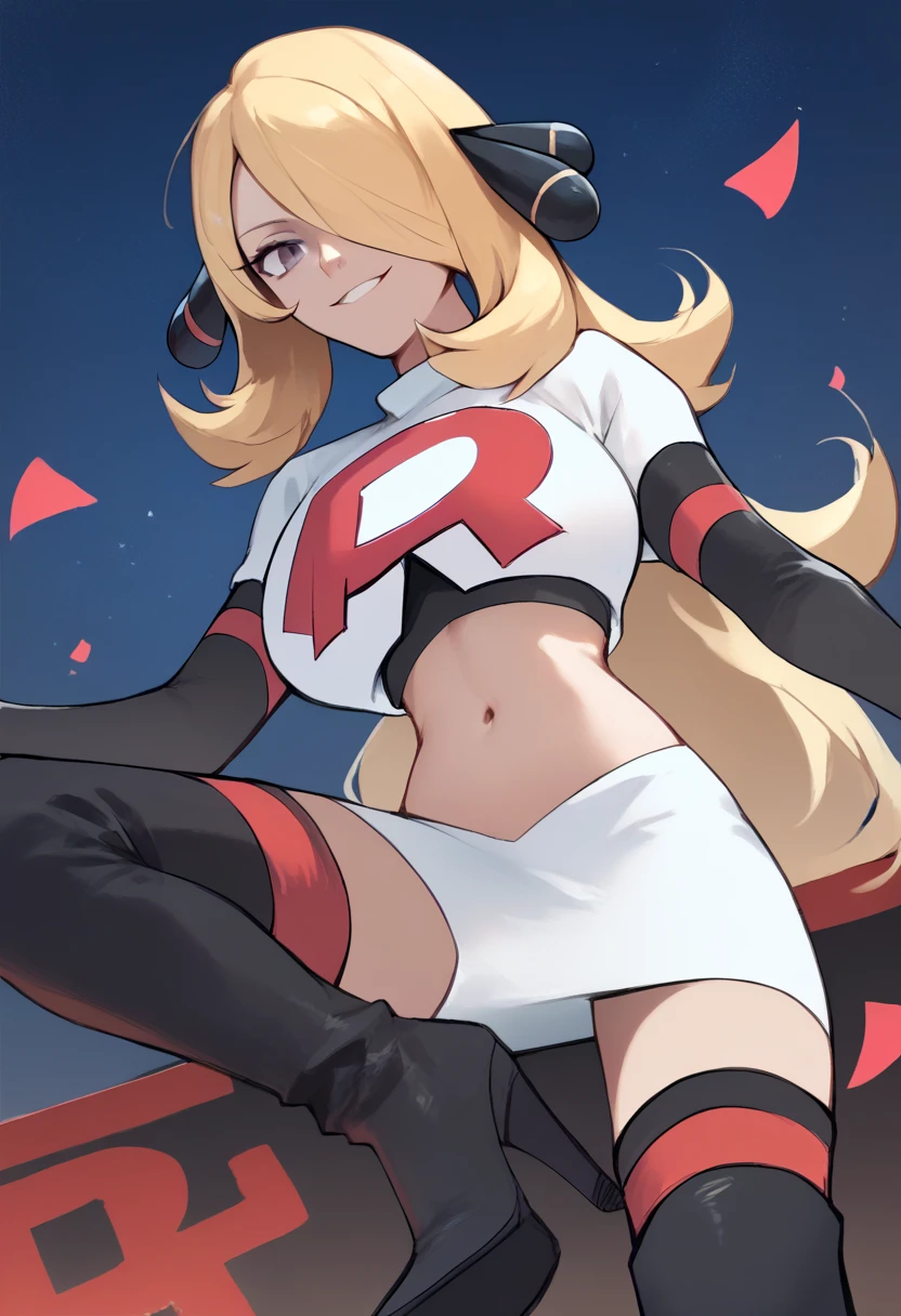 Team rocket, team rocket uniform, red letter R, white skirt,white crop top,black thigh-high boots, black elbow gloves, evil smile, night sky background, large breasts, high-heeled boots, Cynthia, blonde hair, hair over one eye