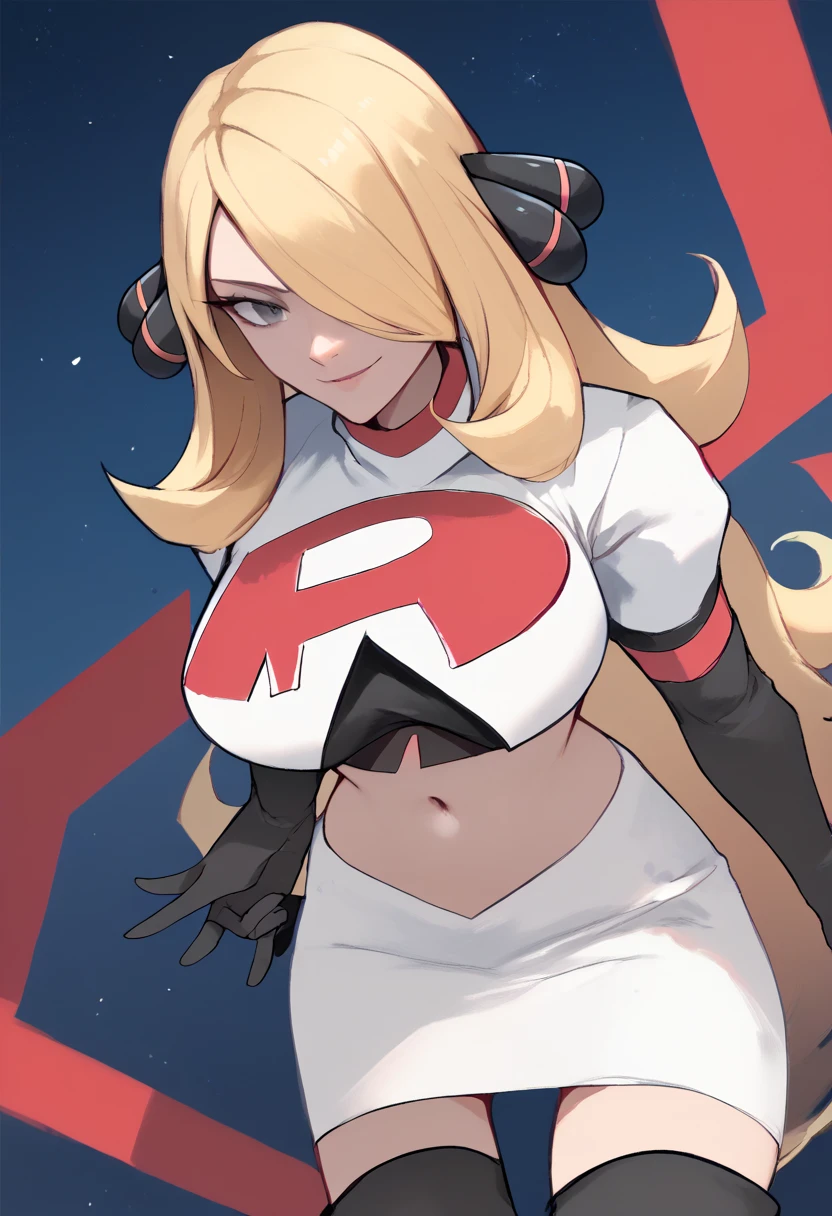 Team rocket, team rocket uniform, red letter R, white skirt,white crop top,black thigh-high boots, black elbow gloves, evil smile, night sky background, large breasts, high-heeled boots, Cynthia, blonde hair, hair over one eye