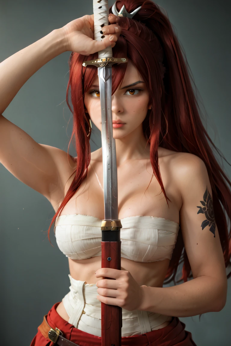 (masterpiece, best quality:1.4), (standing:1.2), (upper body:1.4), (wielding a sword:1.5), sexy smile,  1girl, solo, 1girl, ghislaine_mushoku_tensei, one-eyed, grey hair, cat ears, dark skin, muscular, grey hair, long hair, animal ears, (eyepatch:1.2), red eyes, red choker, large breasts, gloves, bare shoulders, cleavage, bandeau, underwear, scar on stomach, open belt, green pants, open pants, panties, looking at viewer, beautifull smile, beautiful face, highly detailed face, highly detailed skin, skin pores, subsurface scattering, realistic pupils, medium breast, full face blush, full lips, detailed background, depth of field, volumetric lighting, sharp focus, absurdres, realistic proportions, good anatomy, (realistic, hyperrealistic:1.4), 16k hdr,