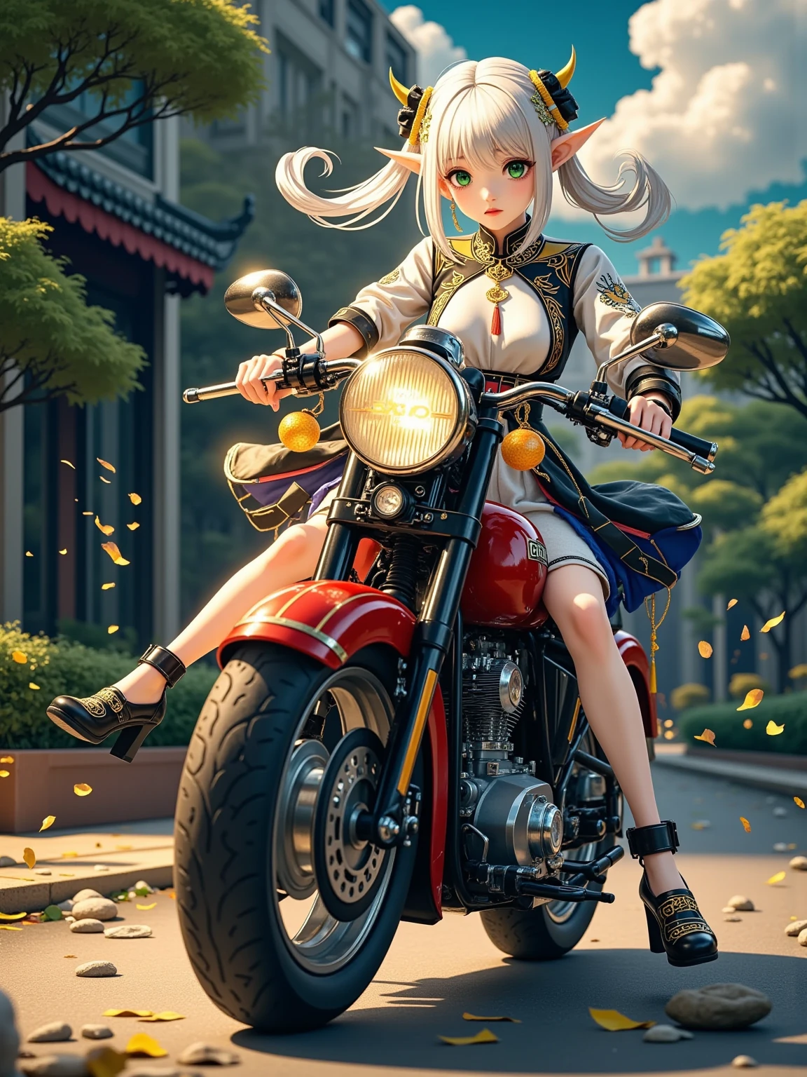 Anime image of a woman sliding her big red motorcycle across the street, AkSlide,nereirfpnxl, freeze, Elf, Pointed ears,  green eyes , White hair, Twin ponytails