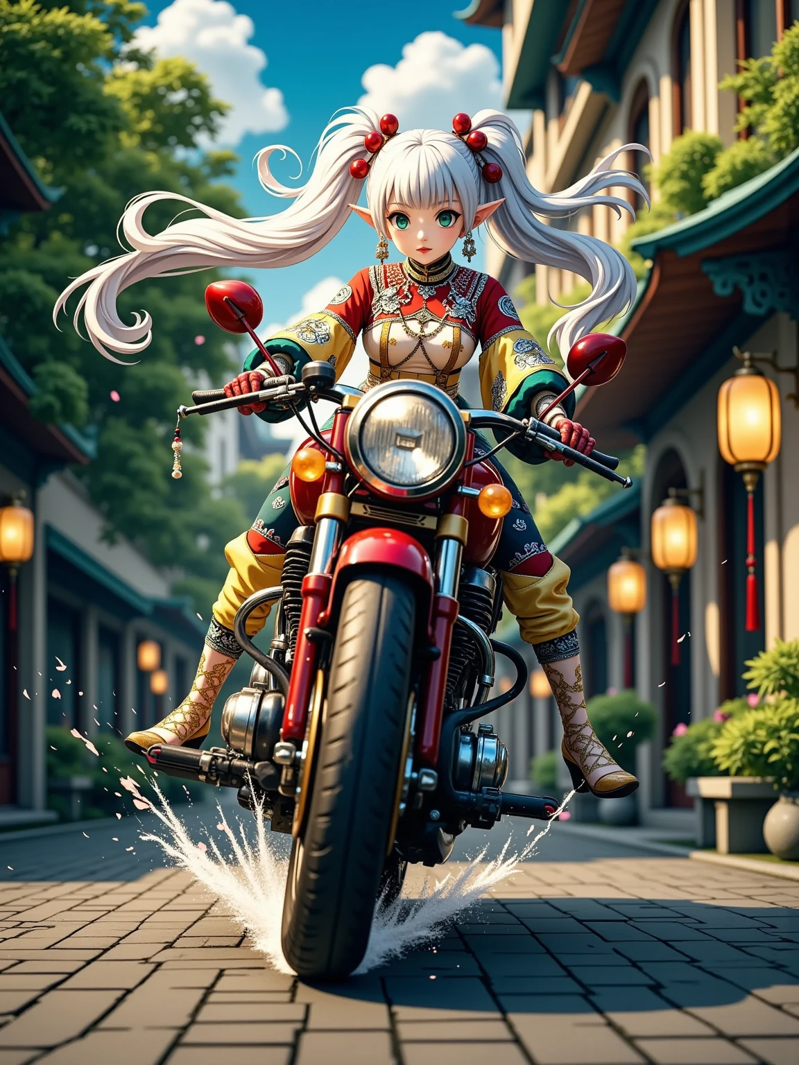 Anime image of a woman sliding her big red motorcycle across the street, AkSlide,nereirfpnxl, freeze, Elf, Pointed ears,  green eyes , White hair, Twin ponytails