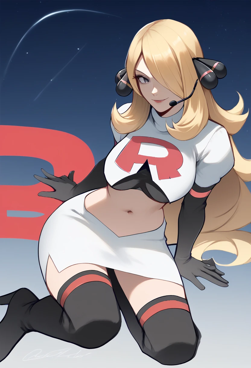 Team rocket, team rocket uniform, red letter R, white skirt,white crop top,black thigh-high boots, black elbow gloves, evil smile, night sky background, large breasts, high-heeled boots, Cynthia, blonde hair, hair over one eye, headset