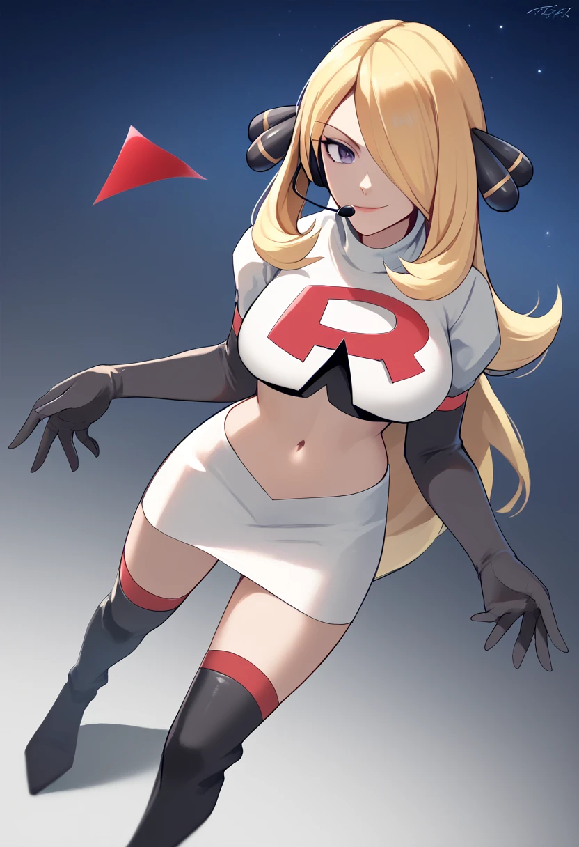 Team rocket, team rocket uniform, red letter R, white skirt,white crop top,black thigh-high boots, black elbow gloves, evil smile, night sky background, large breasts, high-heeled boots, Cynthia, blonde hair, hair over one eye, headset