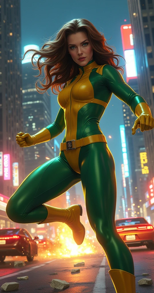 " Create a digital cinematic illustration ,  of Rogue , two x-men,wearing your iconic costume,  in a dynamic, action-packed scene set in a vibrant city at night .  Rogue is in a powerful and impactful pose ,  balancing sensuality and strength as she fights enemies amidst illuminated skyscrapers .  She wears her iconic tight green and yellow suit with intricate details that highlight her elegant curves and her confident posture.

 Your long hair and loose ones sway dramatically in the wind ,  with the characteristic white wick at the top shining under the city lights .  Her clear and expressive eyes are captured with impressive details ,  reflecting determination as she uses her iconic powers .  The composition highlights your beautiful moving legs ,  slender and athletic body ,  and a posture that balances grace and power .

 The scene includes elements of intense action :  explosions illuminate the background ,  sparks fly from a burning car nearby ,  and pieces of broken concrete float around her as she uses her superhuman powers .  The lighting mixes the brightness of the city lights with the shadows cast by the battle ,  creating a cinematic contrast that highlights every detail of the scene .

 The urban environment is precisely detailed , , featuring wet streets reflecting the neon signs and tall buildings that surround the fight .  The color palette combines shades of blue and gold The green The vibrant Rogue costume ,  highlighting the visual impact . The scene captures movement ,  drama and highly detailed and realistic high-definition realism ,  resulting in an 8K visual masterpiece with quality worthy of an award-winning film ."

 Prompt focuses on creating a balanced composition between  