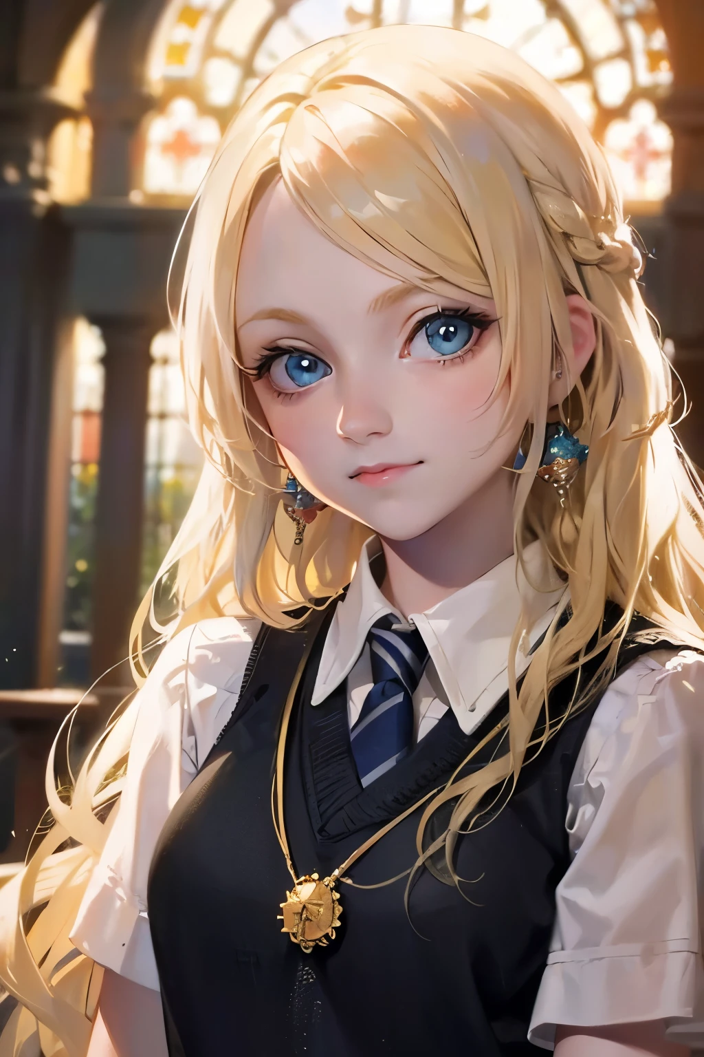 A beautiful young girl with long blonde hair, dreamy blue eyes, and a whimsical expression, 1girl, extremely detailed eyes and face, longeyelashes, delicate facial features, Luna Lovegood, magical fantasy, portrait, cinematic lighting, ethereal, radiant skin, intricate details, soft color palette, glowing aura, impressionistic, (best quality,4k,8k,highres,masterpiece:1.2),ultra-detailed,(realistic,photorealistic,photo-realistic:1.37)