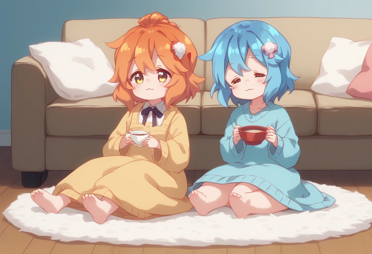  cozy room , soft plush sofa ,  fluffy carpet on the floor ,  dim light .  Two girls are sitting next to each other on the sofa .  Cute sleepy domestic Friren in a warm woolen sweater with a cup of cocoa in his hands and Senko in a knitted fluffy long dress with a bowl of tea in hand.  The atmosphere of comfort and tranquility .