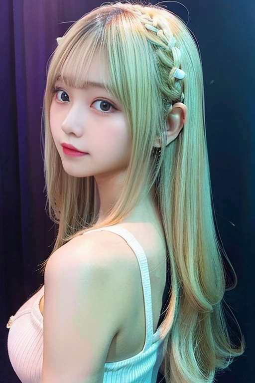 ((highest quality)), ((masterpiece)), (be familiar with), perfect face (1 girl) (Japanese) (She is the cutest 12-year-old junior high school girl in Japan.)((highest quality)), ((masterpiece)), (become familiar with), perfect face arafed woman with long blonde hair long golden shiny hair,Golden silky hair, Straight blonde hair, long blonde straight hair, Perfect silky straight hair, Straight blonde hair, long blonde hair, her hair is long and straight, detailed long blonde hair (Big breasts as big as dodgeballs 1.4) (big breasts 1.4) (Super long hair down to the ankles) neat bangs The neatly trimmed bangs are princess cut and cover the entire forehead.. bright red lips fine hands fine fingers five fingers Sexy professional make up beautiful japanese girl face, Japanese facial features, with long hair shiny long hair, long golden shiny hair, long and straight golden hair, her hair is long and straight, super long hair girl, silky hair, long blonde hair, silky hair, Long flat hair, Silky texture, with long hair, Long flowing blonde hair, thin and shiny hair Detailed white beautiful human body anatomically correct skin detailed eyes detailed mouth the corners of the mouth rise slightly (lips are thin) blushing face front view A cheerful smile (Maid clothes) (The location is a maid cafe) (looking at the viewer) (Eyebrows are dark brown in color) Please cover your entire body from head to ankles.