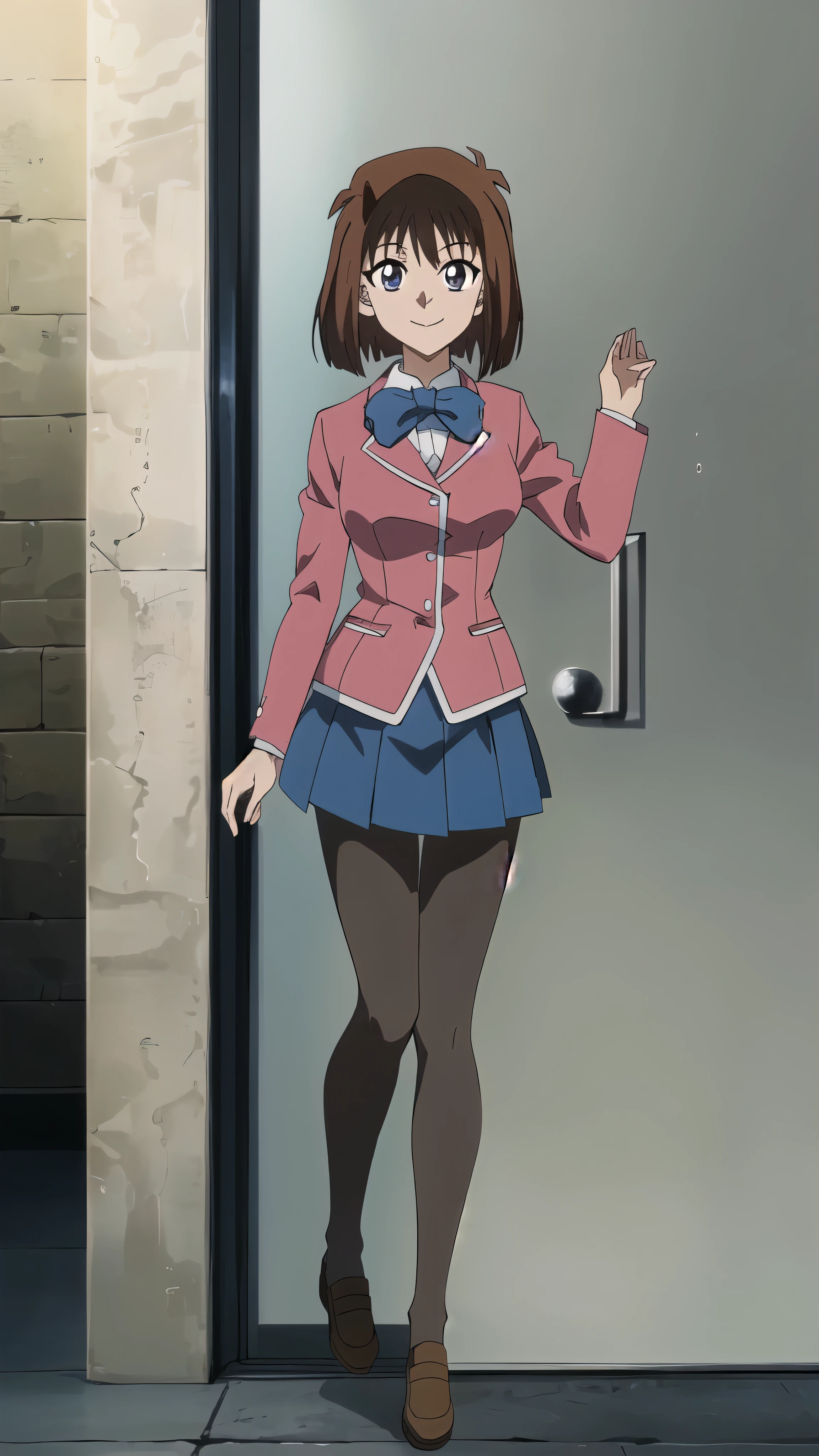 TG, girl, solo, upper body, portrait, looking at viewer, smile, pink blazer, bowtie, blue miniskirt, semiopaque pantyhose, perfect quality, good quality, masterpiece, HDR, UHD