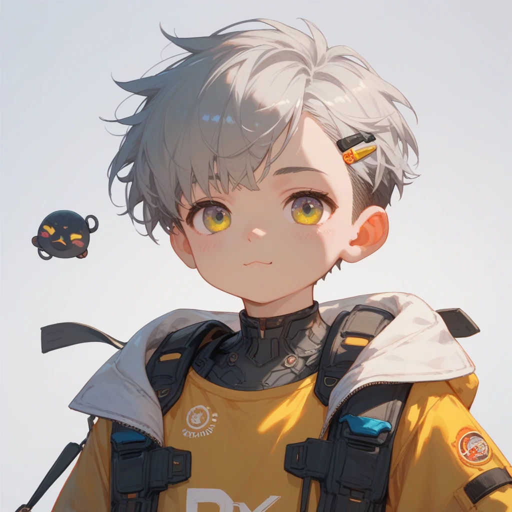 "A young boy with bright grey hair , short cut , bright skin, and the soft expression , wearing future clothing , yellow clothes.  The boy .  The white background , gives full focus to the character of the boy , cute chibi , hair clip ,"