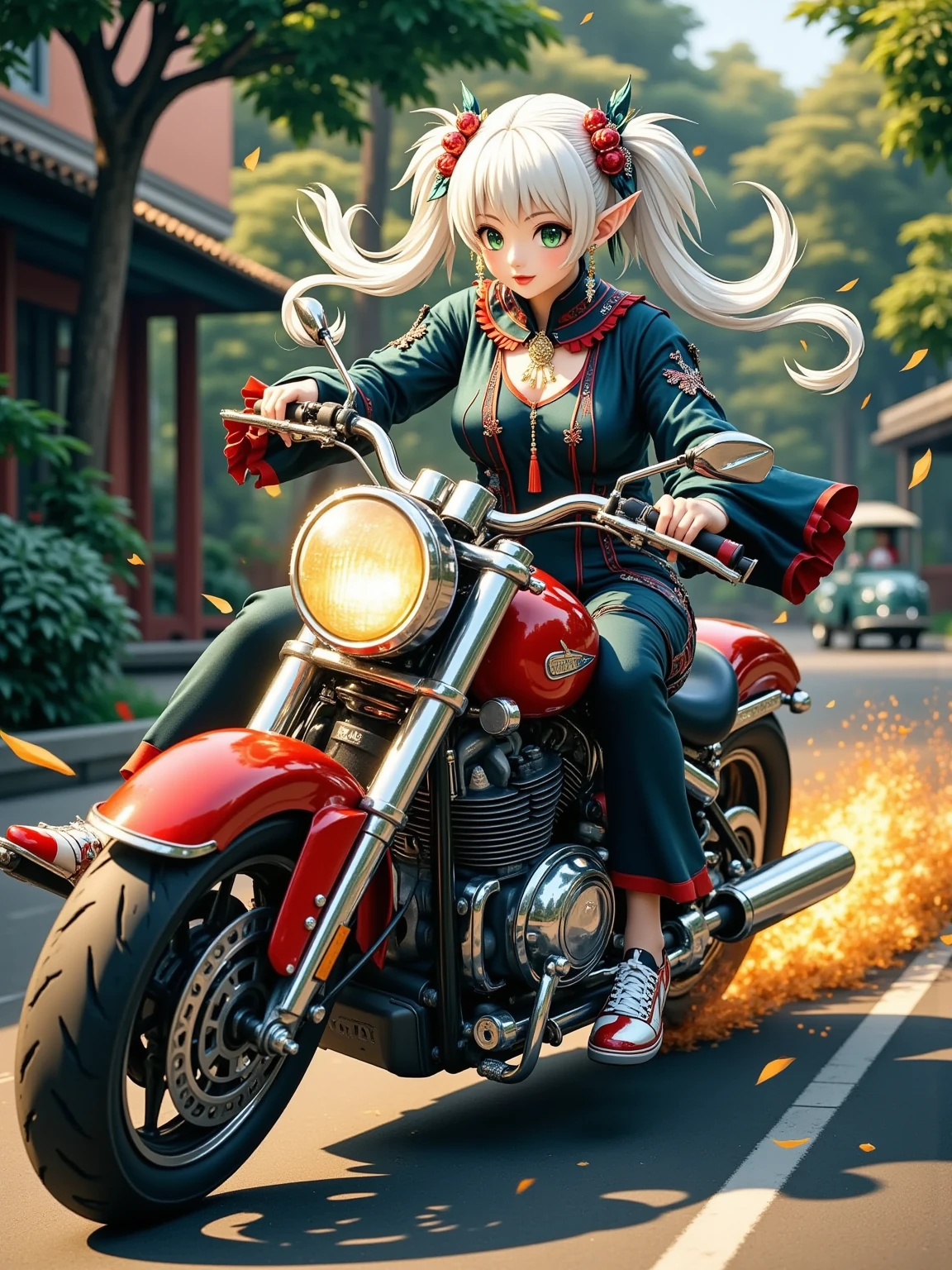 Anime image of a woman sliding her big red motorcycle across the street, AkSlide,nereirfpnxl, freeze, Elf, Pointed ears,  green eyes , White hair, Twin ponytails