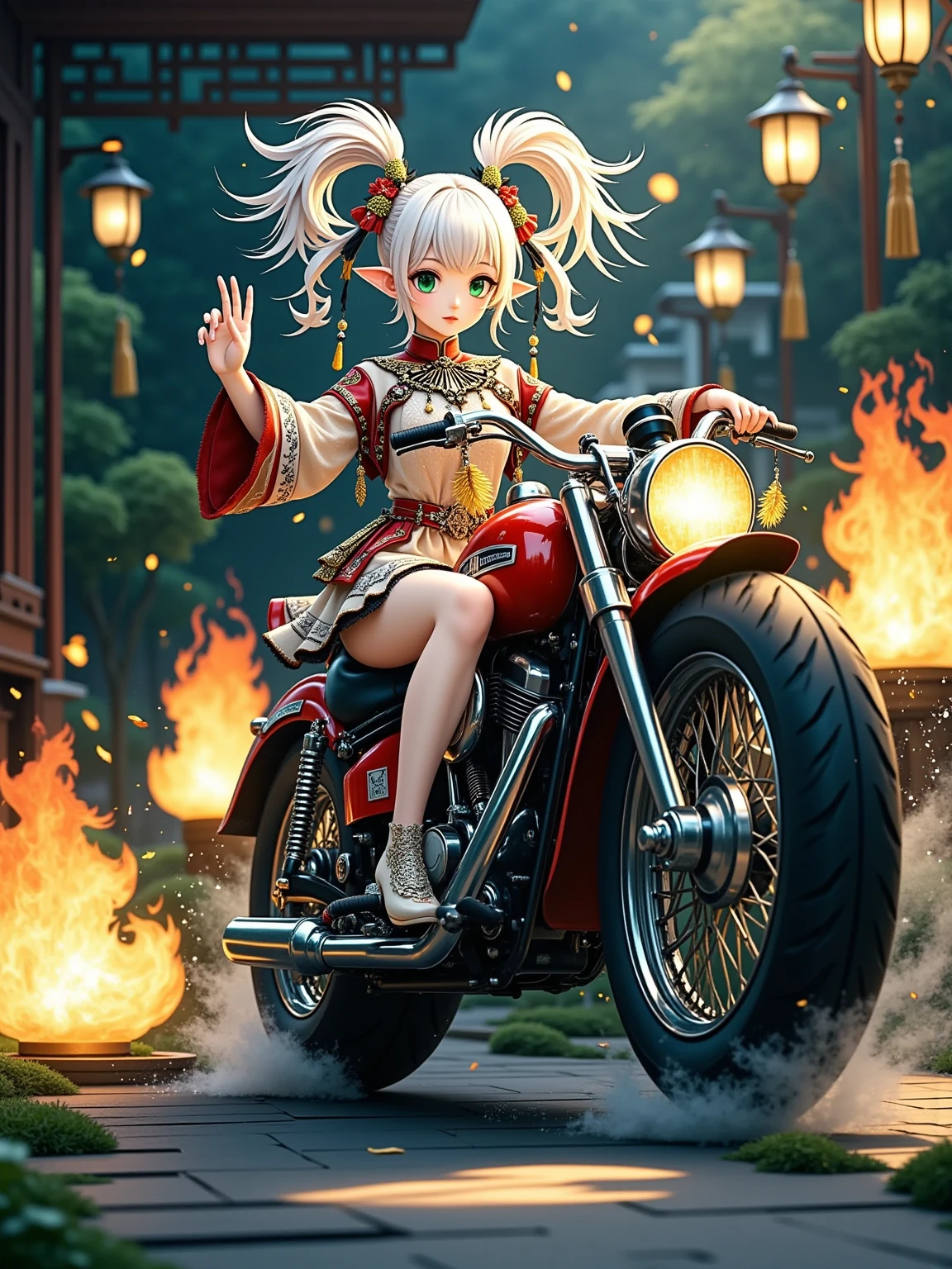 Anime image of a woman sliding her big red motorcycle across the street, AkSlide,nereirfpnxl, freeze, Elf, Pointed ears,  green eyes , White hair, Twin ponytails