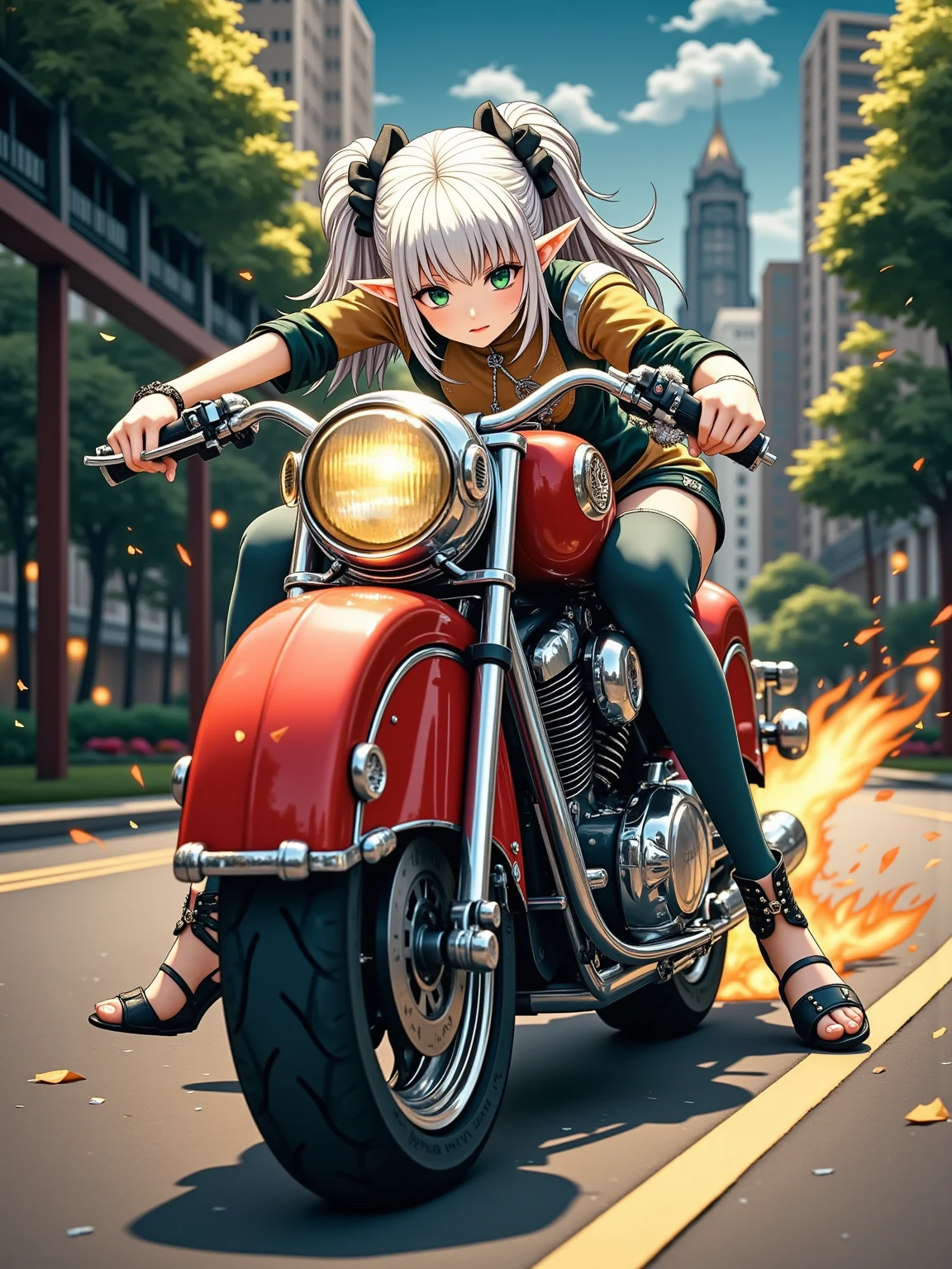 Anime image of a woman sliding her big red motorcycle across the street, AkSlide,nereirfpnxl, freeze, Elf, Pointed ears,  green eyes , White hair, Twin ponytails