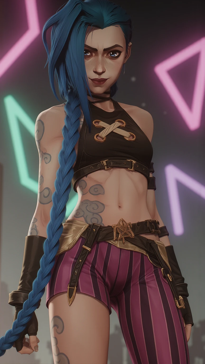 Jinx,  full body, topless bikini., multicolor background, pose sexy,  smiling, defined eyes, defined body,  8k extremely detailed 