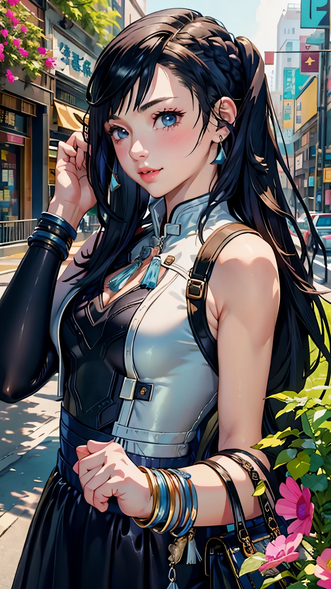 young woman、smile、Cool hairstyle、Blushing、masterpiece、High resolution、16k、Spring clothes in fresh colors、(Very close:1.5)、Explore the city、(Depicting the upper body:1.5)