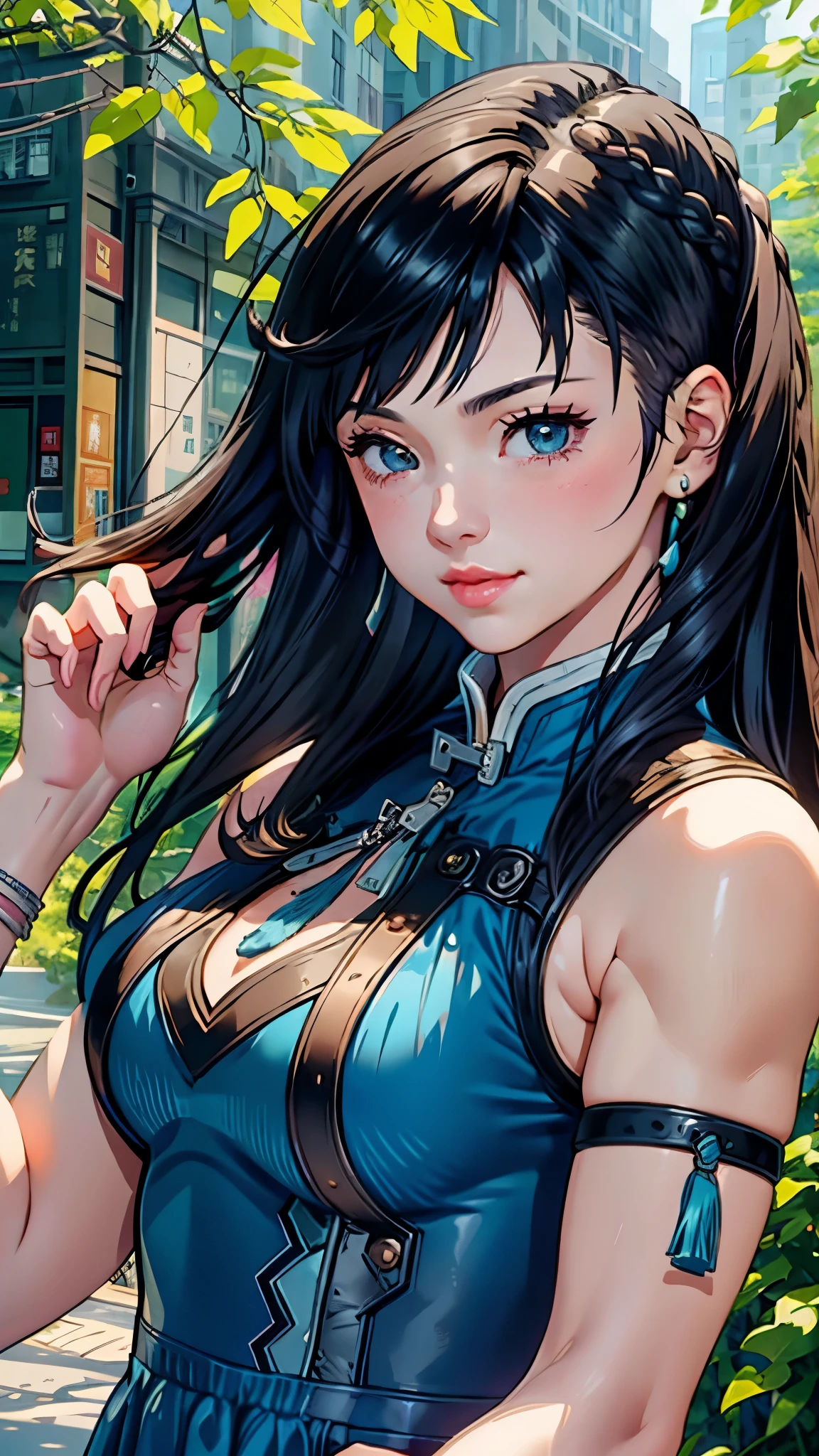 young woman、smile、Cool hairstyle、Blushing、masterpiece、High resolution、16k、Spring clothes in fresh colors、(Very close:1.5)、Explore the city、(Depicting the upper body:1.5)