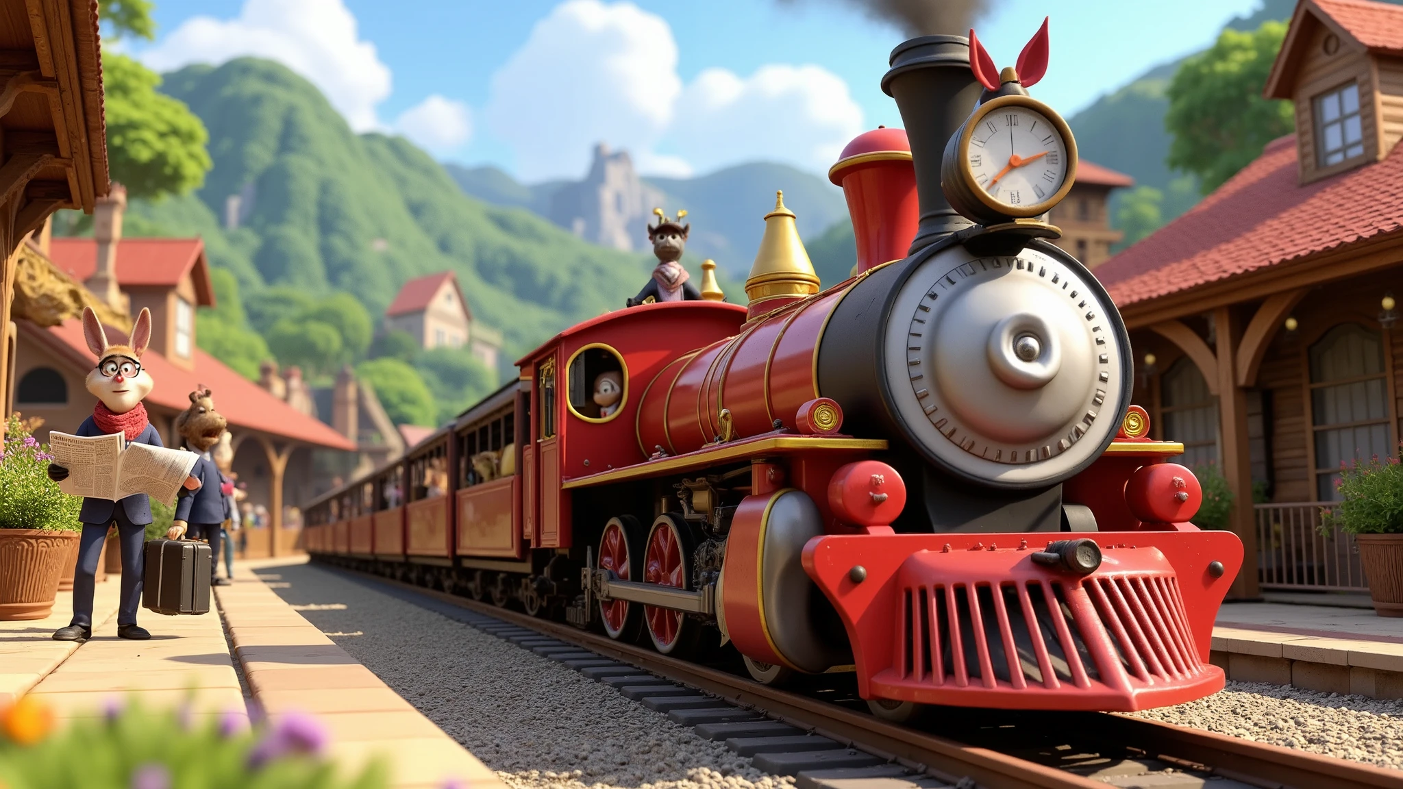 A unique 3D Pixar animation with bright colors and a cheerful atmosphere. The scene features a fantastical train with a front designed to resemble a majestic horse's head, complete with expressive eyes, a flowing metallic mane, and steam billowing from its nostrils like a galloping stallion. The train moves gracefully along curved railroad tracks that glisten in the warm sunlight.

The backdrop is a bustling, magical train station, surrounded by lush green hills and colorful flowers. The station itself is charmingly designed, with intricate details like wooden beams, hanging lanterns, and a large clock tower.

The passengers are a delightful mix of anthropomorphic animals, each with unique clothing and accessories. A rabbit in a suit and tiny glasses reads a newspaper, a fox in a scarf carries a suitcase, and a bear in a conductor's hat waves from the platform. Other animals, like a giraffe peering out of the train's open window and a squirrel carrying a basket of acorns, add to the cheerful energy.