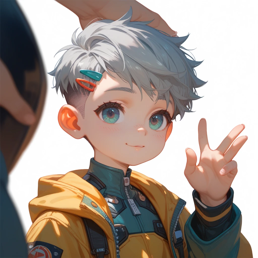 "A young boy with bright grey hair , pixie cut , bright skin, and the soft expression , wearing future clothing , yellow clothes.  The boy .  The white background , gives full focus to the character of the boy , cute chibi , hair clip ,"