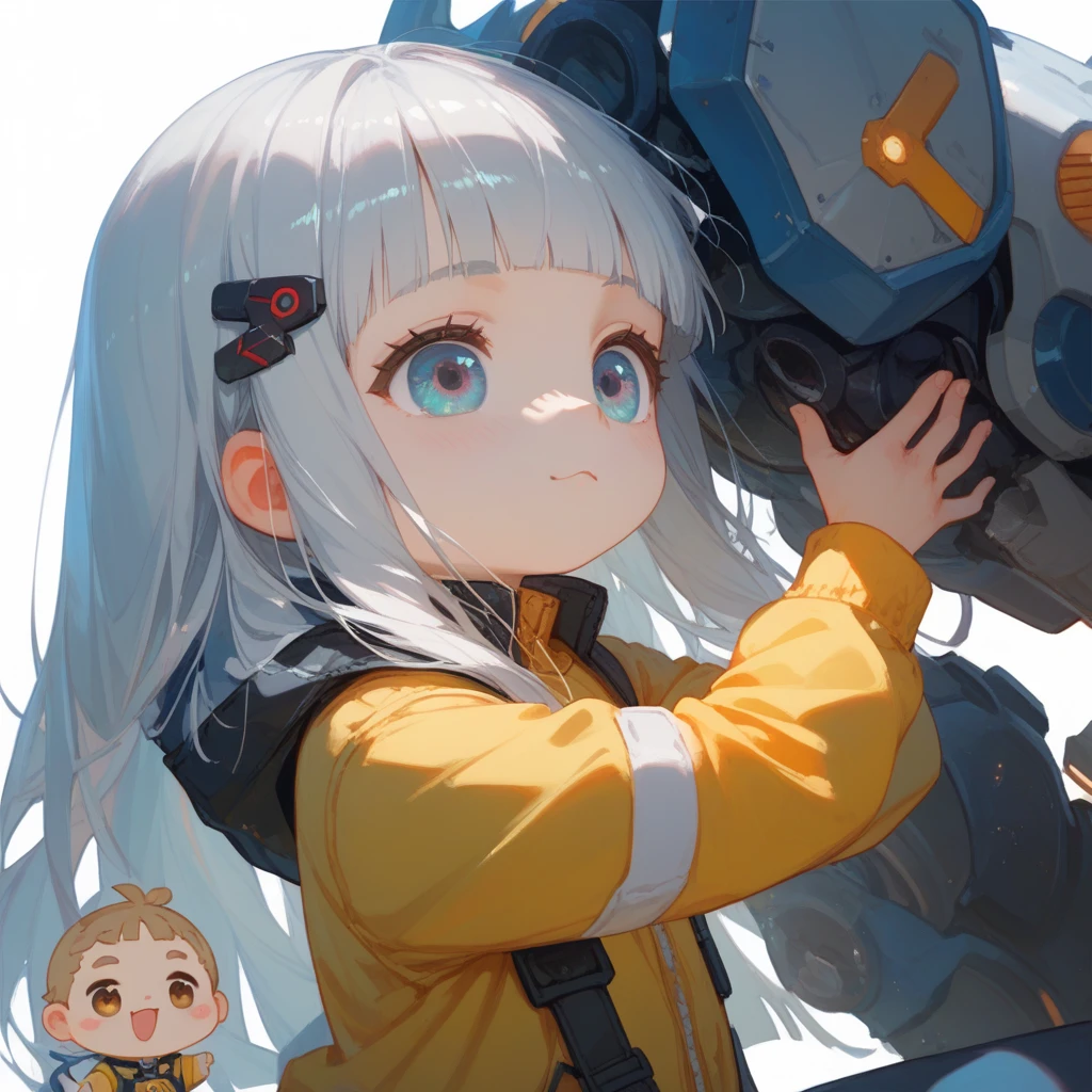 "A young boy with bright grey hair , hime cut , bright skin, and the soft expression , wearing future clothing , yellow clothes.  The boy .  The white background , gives full focus to the character of the boy , cute chibi , hair clip ,"